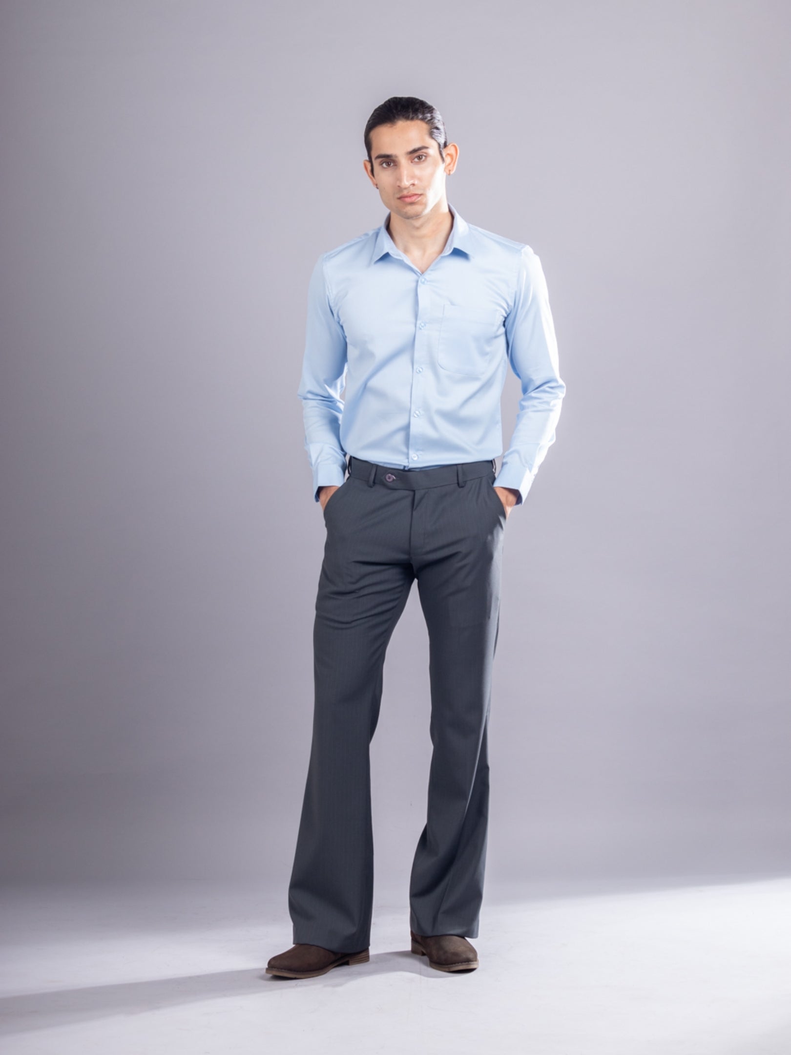 Men’s premium Charcoal Grey Urban Stripe Bootcut Flexiwaist Pant - Front view
