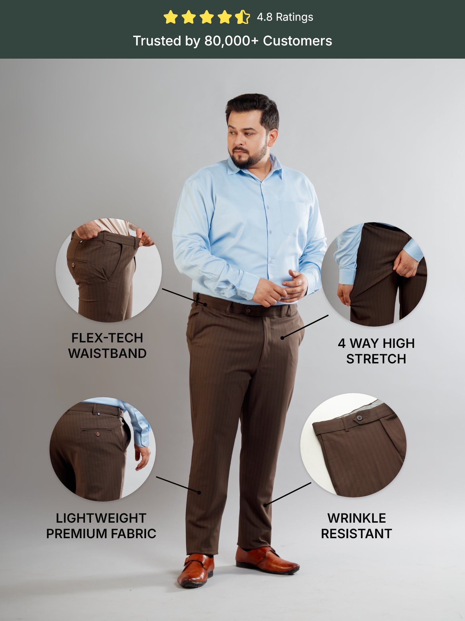 Brown Flexiwaist Shaded Lining Straight Fit Plus Size Pants