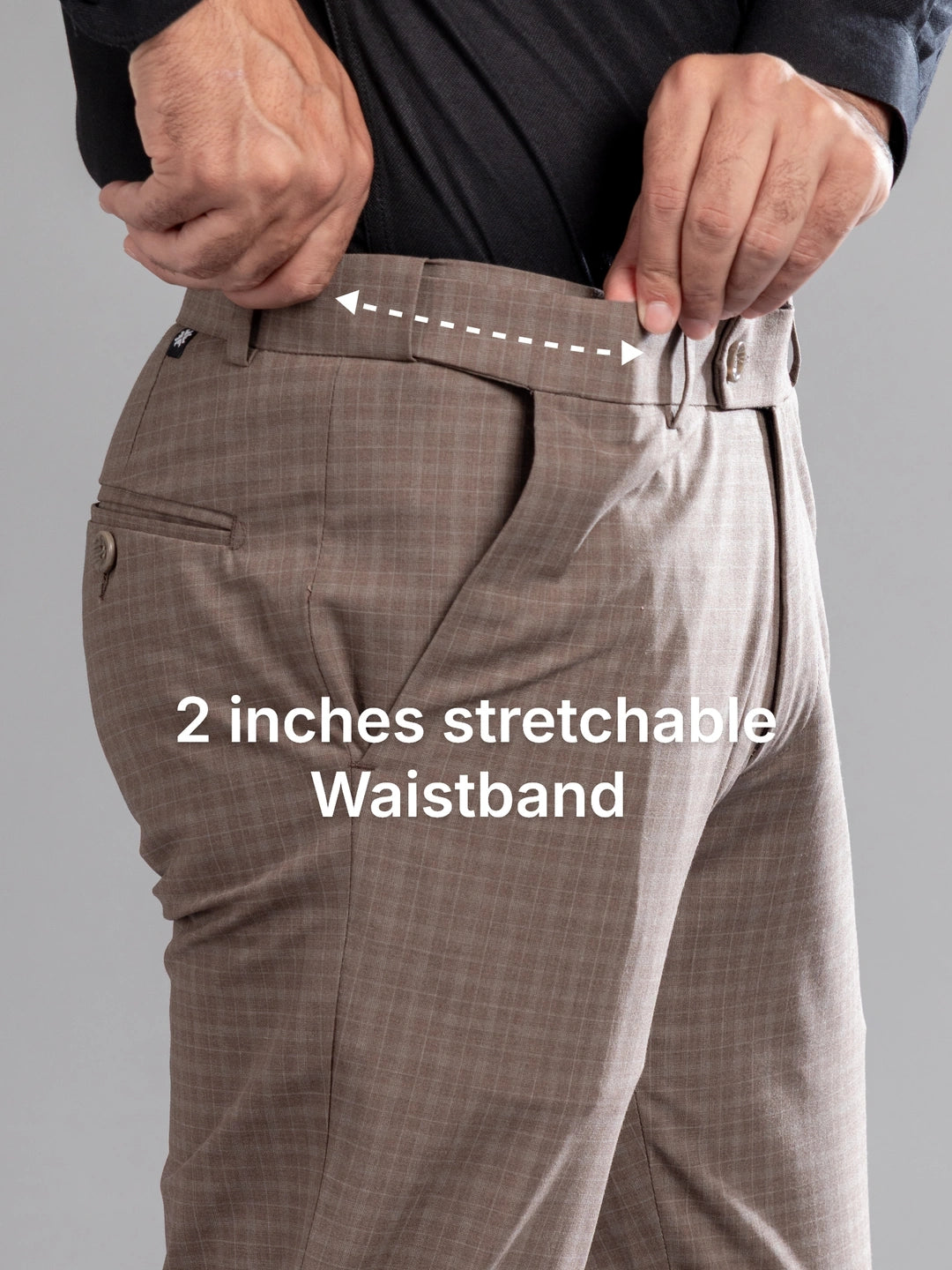 Brown Stone Box-in Checks Flexiwaist Pants - Ankle Fit