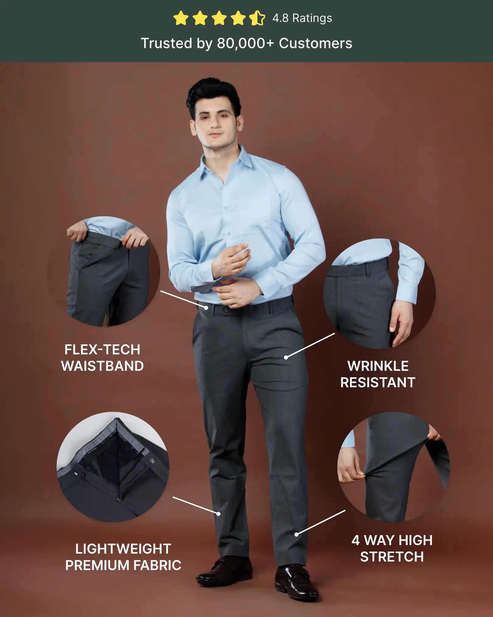 Men’s premium Dove Grey Double Lining Flexiwaist Pants- Front view