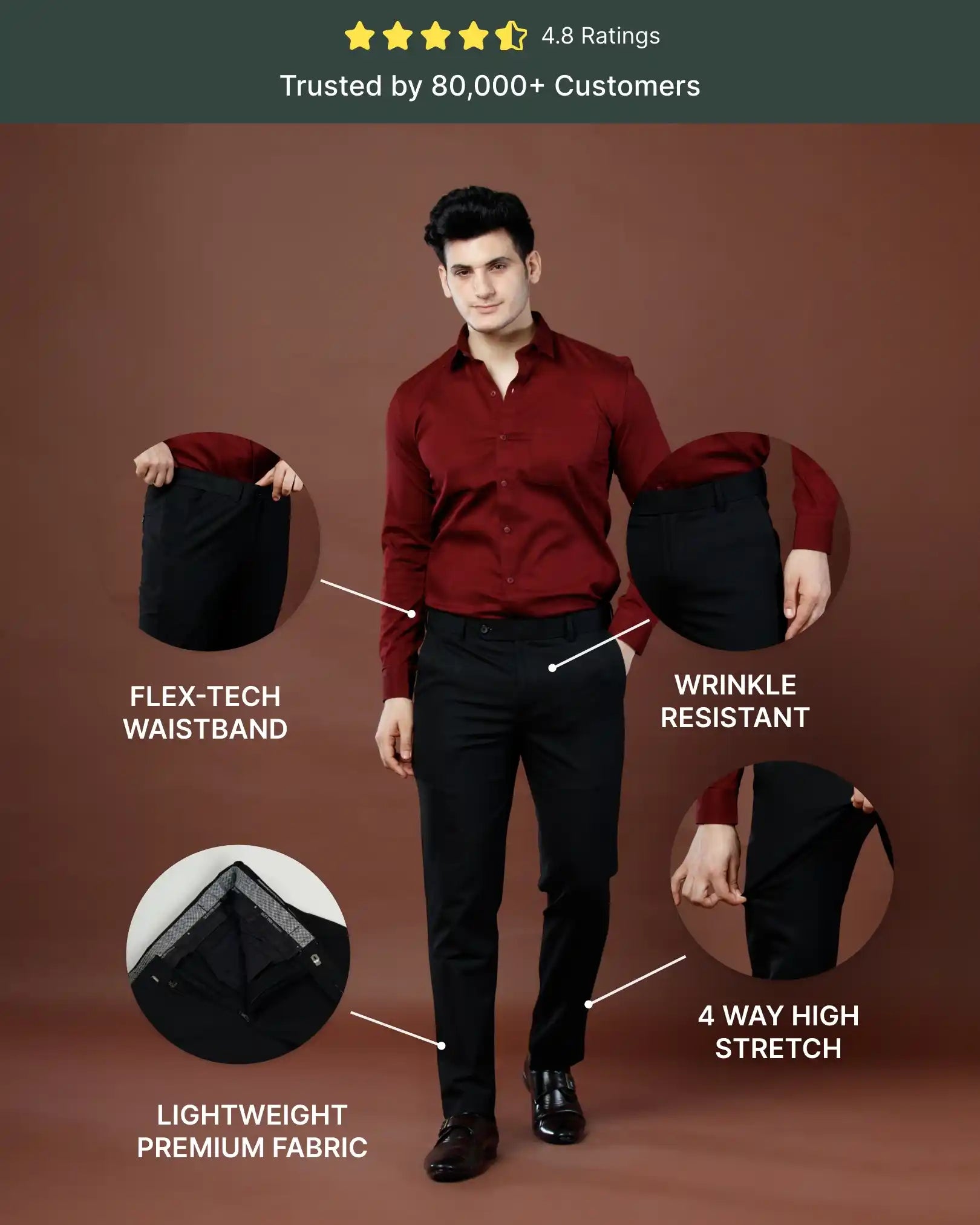 Men’s premium Midnight Black Double Lining Flexiwaist Pants- Front view