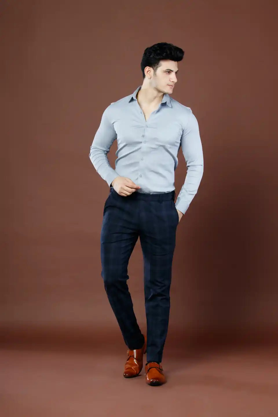 Men’s premium Electric Indigo Soho Checks Flexiwaist Pants - Lifestyle view