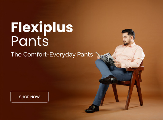 Man sitting on a chair reading a newspaper with 'Flexiplus Pants' advertisement on a brown background.