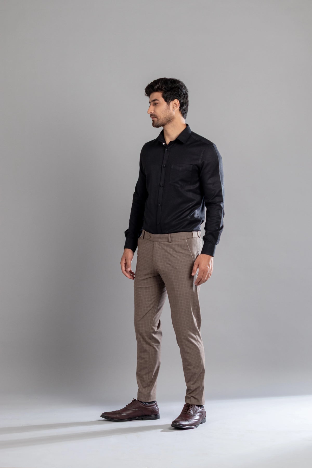 Brown Stone Box-in Checks Flexiwaist Pants - Ankle Fit