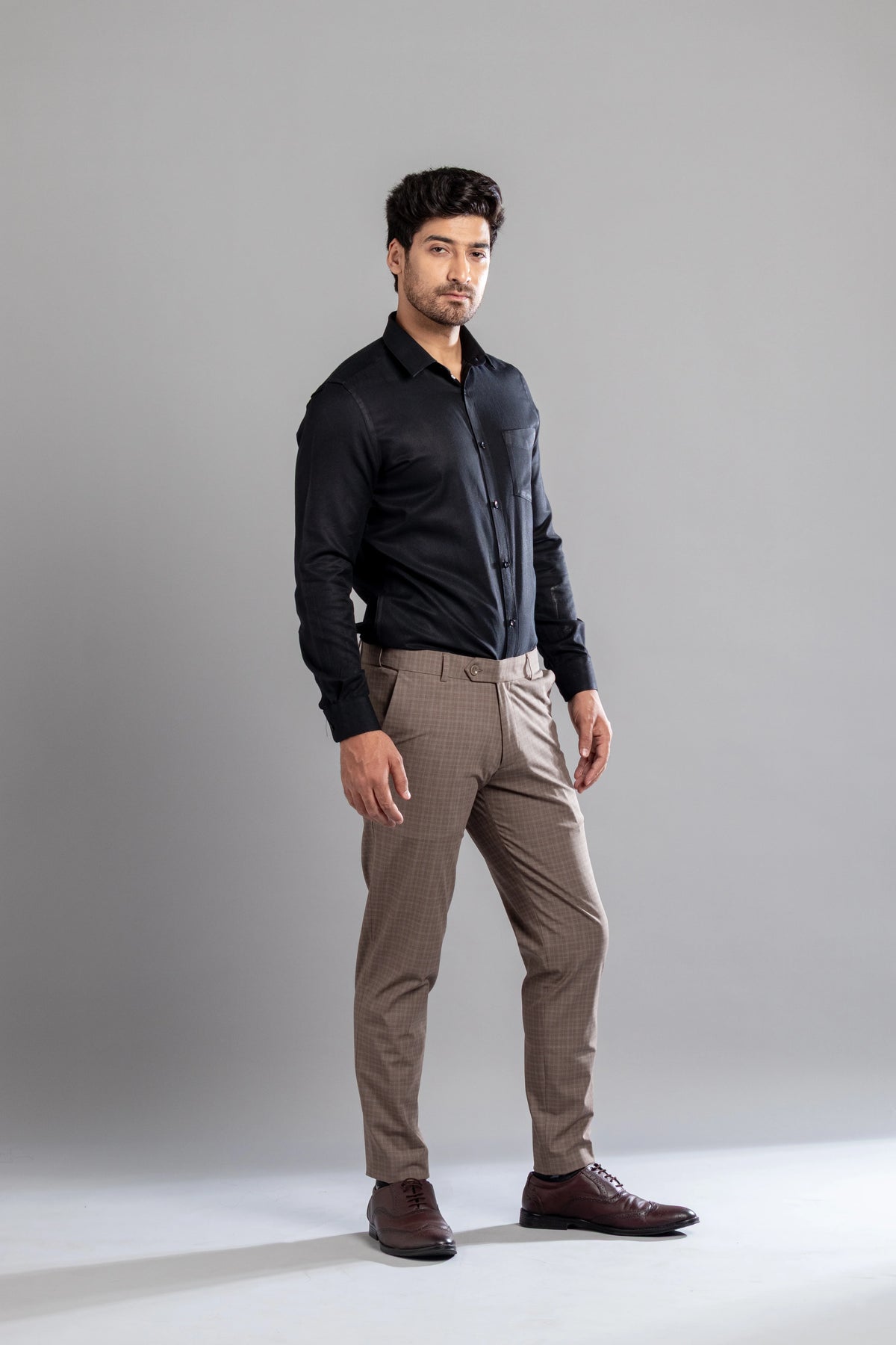 Brown Stone Box-in Checks Flexiwaist Pants - Ankle Fit