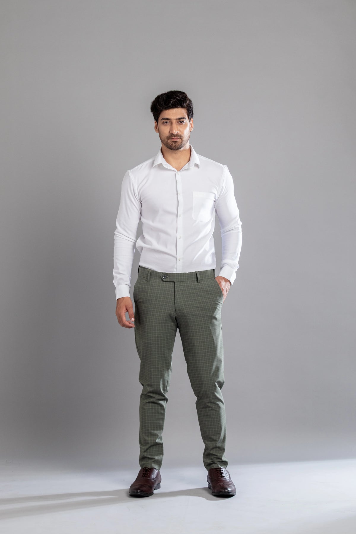 Vintage Green Box-in Checks Flexiwaist Pants - Ankle Fit