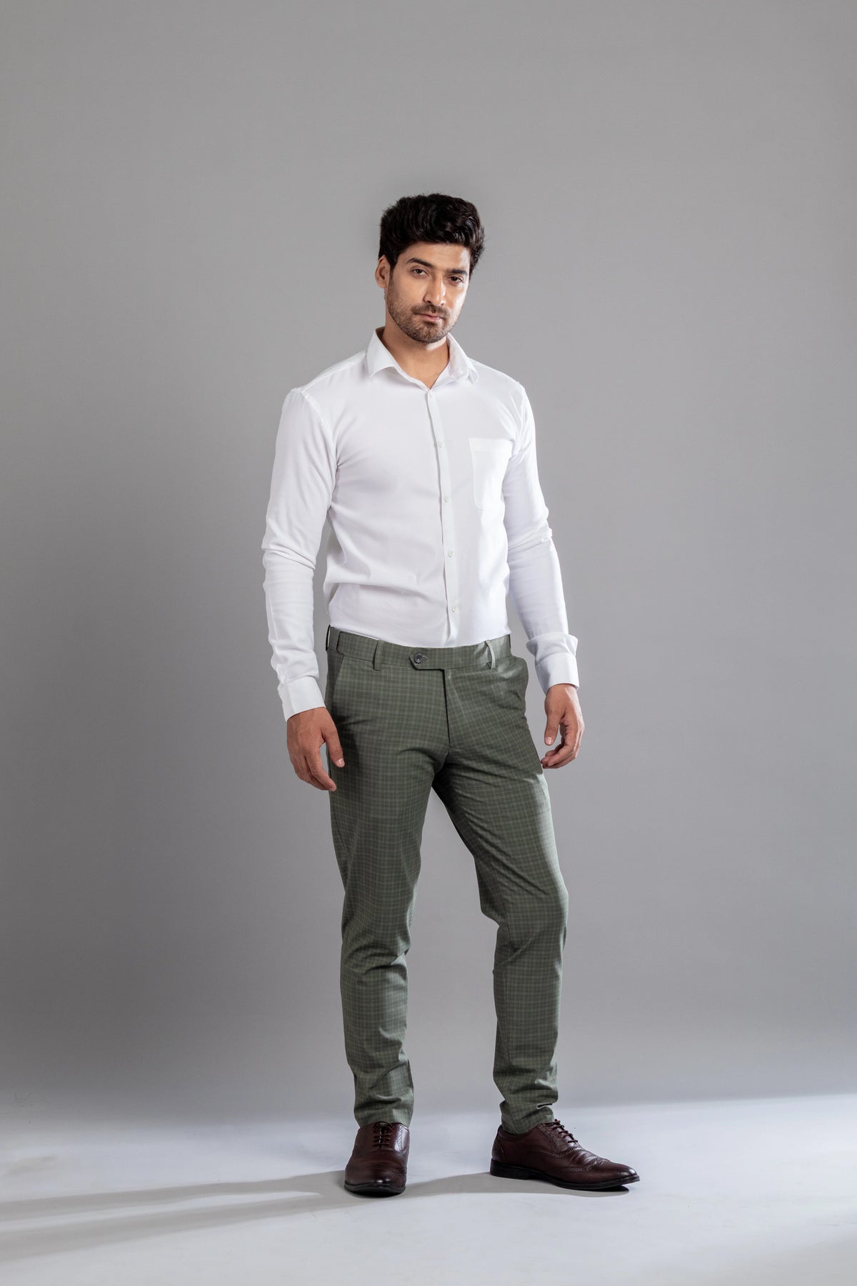 Vintage Green Box-in Checks Flexiwaist Pants - Ankle Fit
