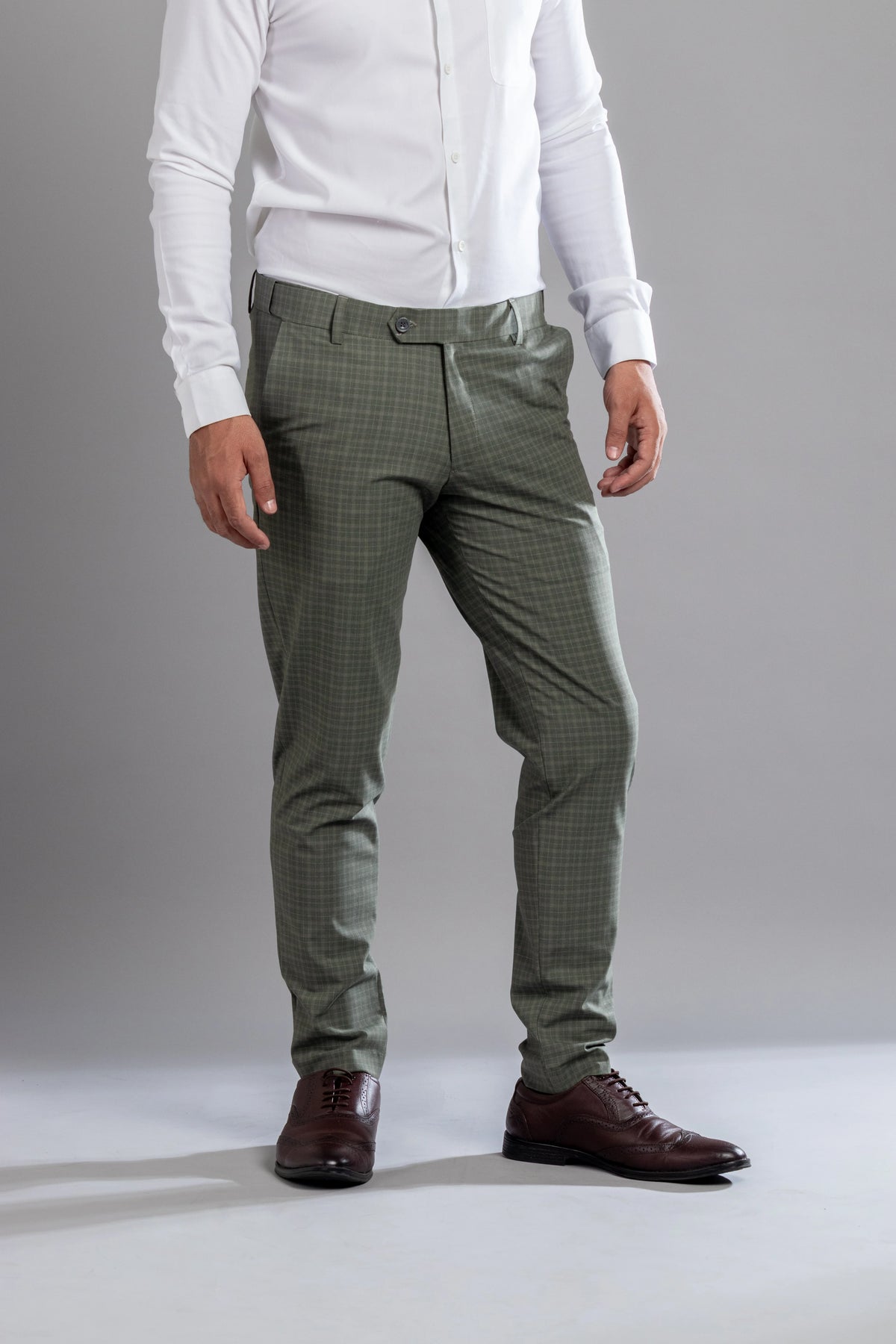 Vintage Green Box-in Checks Flexiwaist Pants - Ankle Fit