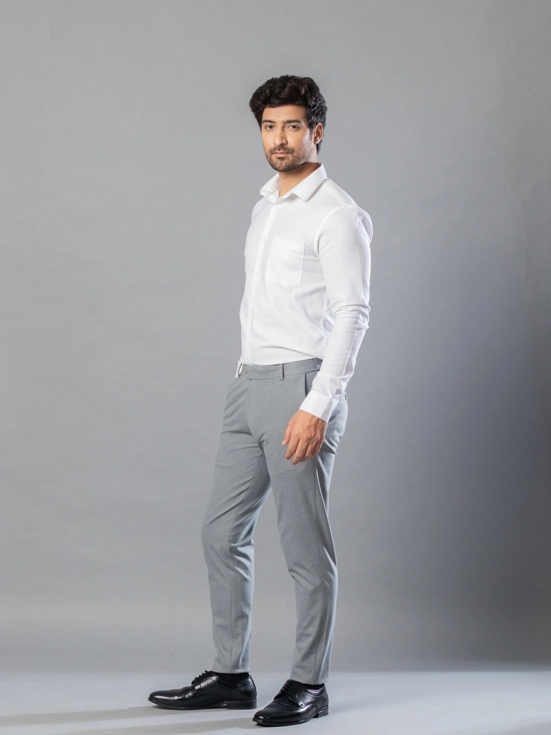 Mid Grey Linear Stripe Flexiwaist Pants - Ankle Fit