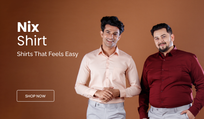 Two men wearing shirts with 'Nix Shirt' branding on a brown background