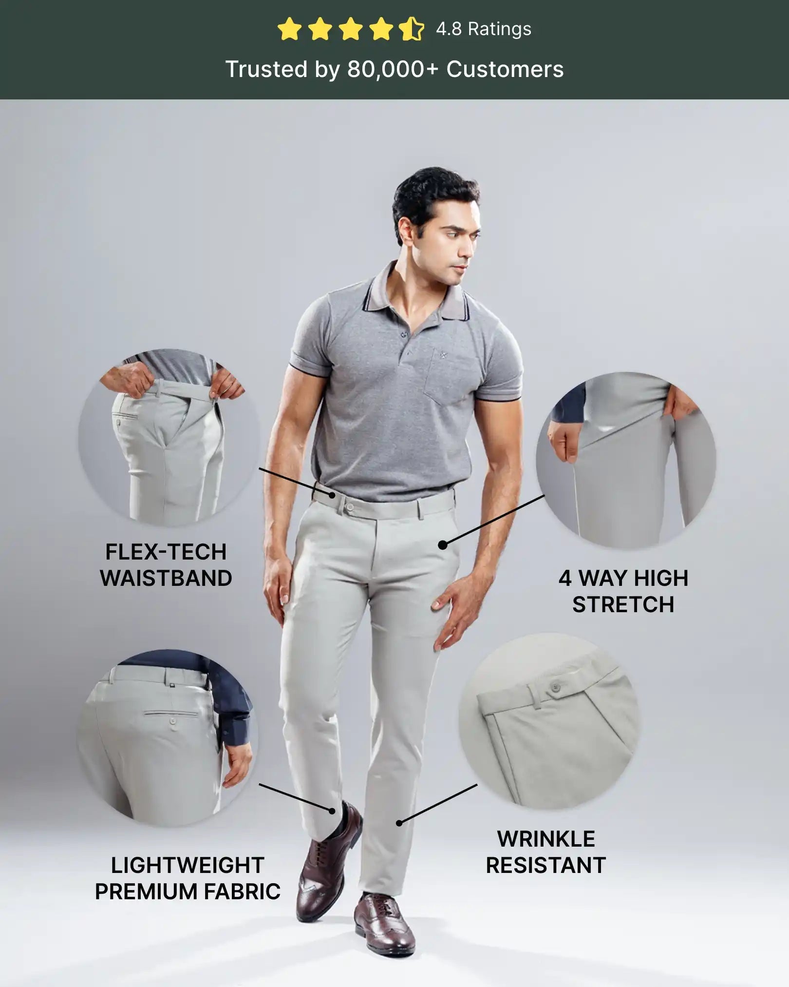 Men’s premium Smoke Grey Flexiplus Diamond Checks Pants - Front view