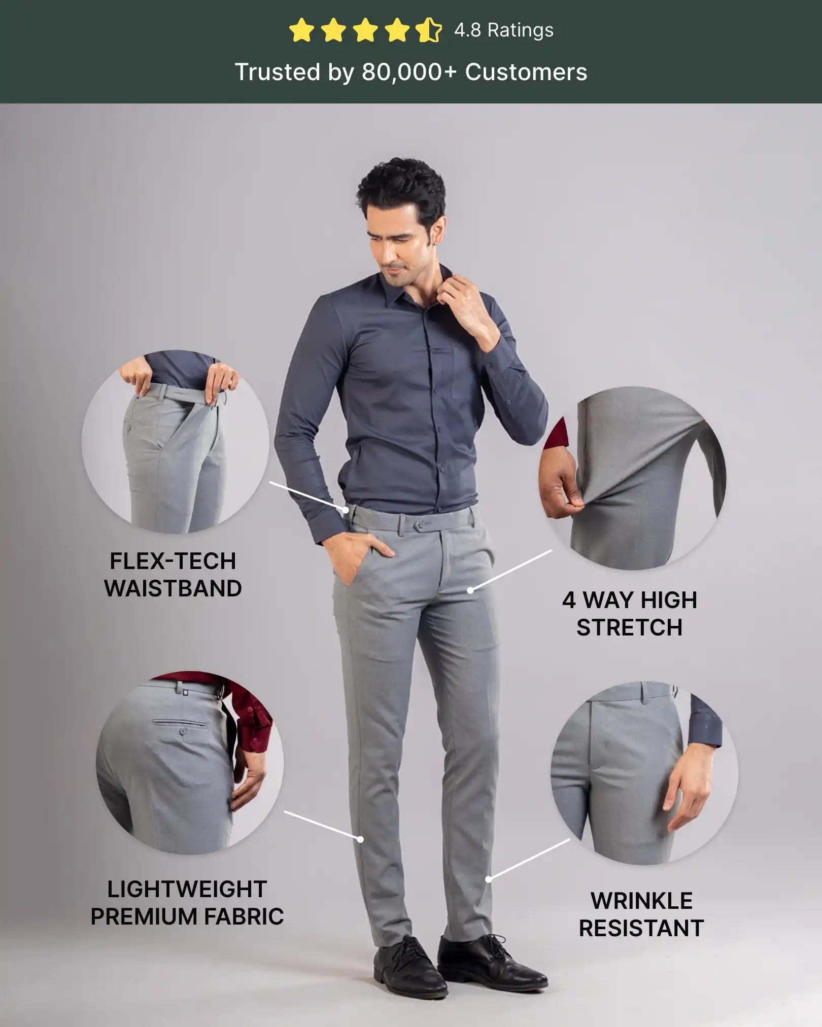 Men’s premium Cloud Grey Twill Flexiplus Pants - Front view