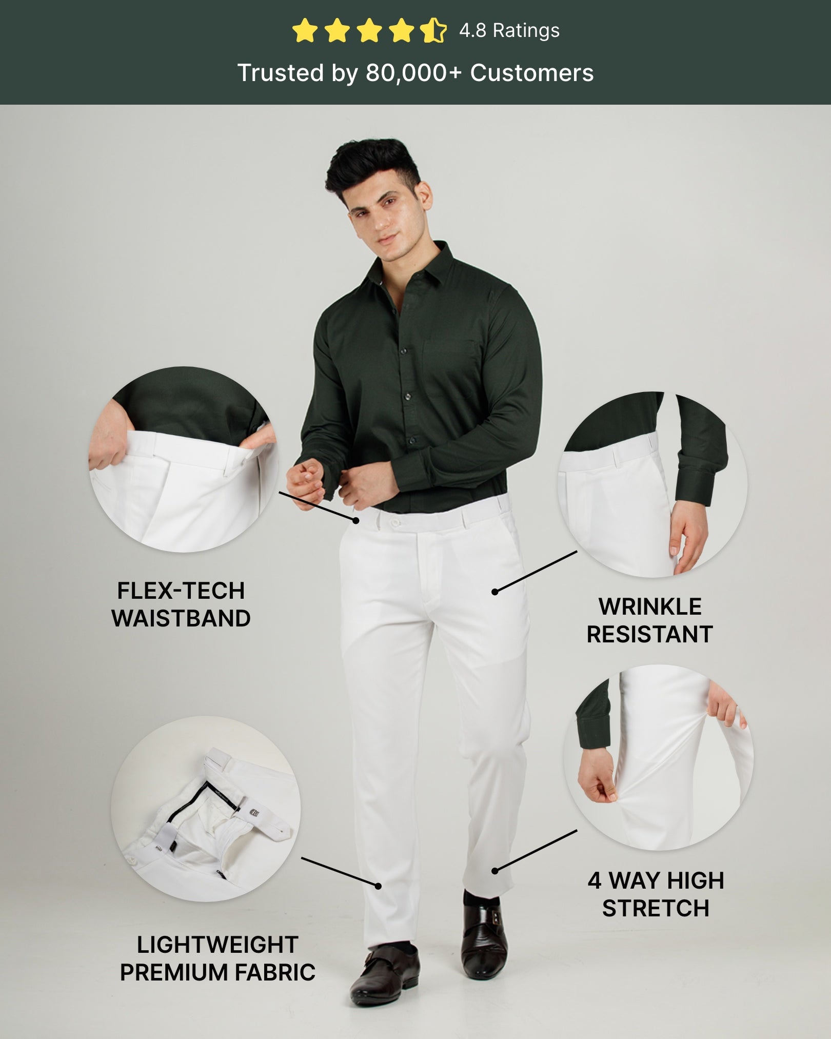 Men’s premium Lit White Flexiwaist Stretchable Pants for Men - Front view