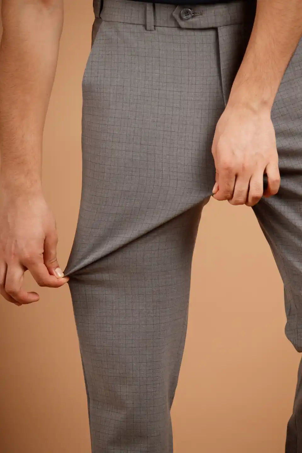 Men’s premium Dark Grey Square Checks Flexiwaist Pant - Fabric view