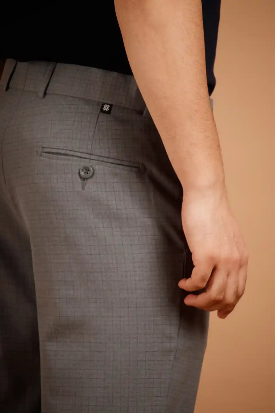 Men’s premium Dark Grey Square Checks Flexiwaist Pant - Back view