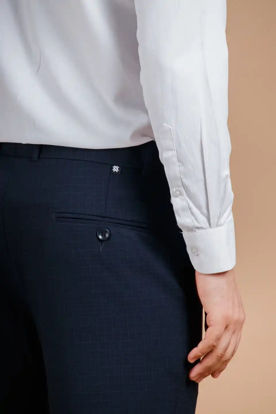 Men’s premium navy blue Square Checks Flexiwaist Pant - Back view