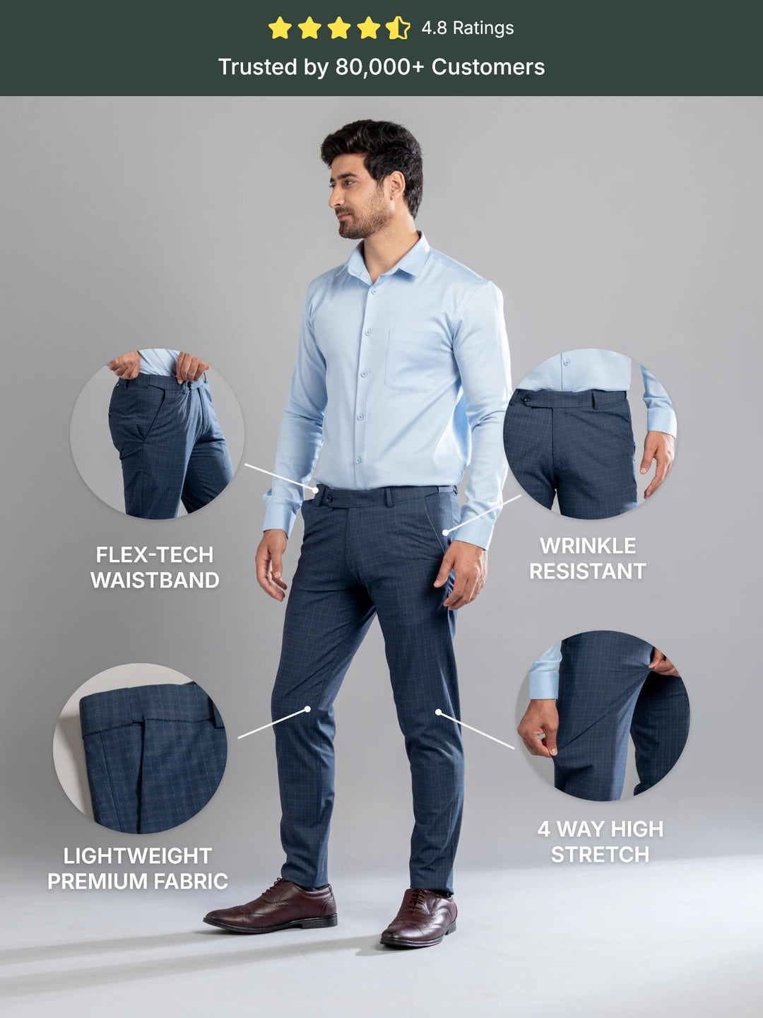 Steel Blue Box-in Checks Flexiwaist Pants - Ankle Fit
