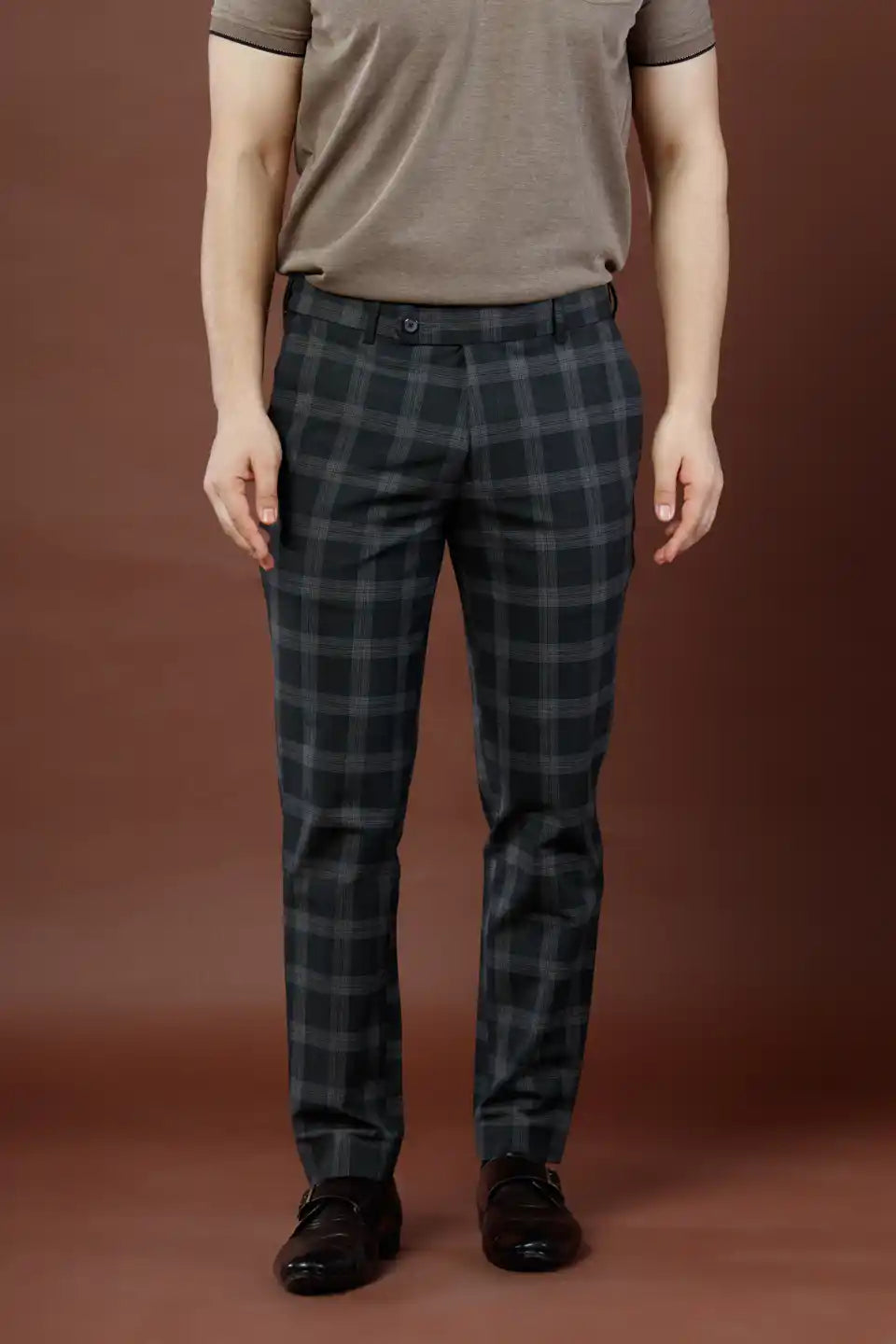 Men’s premium Storm Grey Soho Checks Flexiwaist Pants - Front view