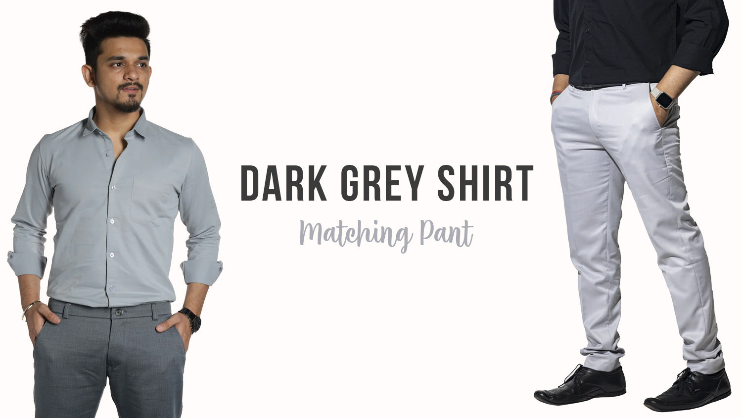 Man in a dark grey matching shirt and pants outfit