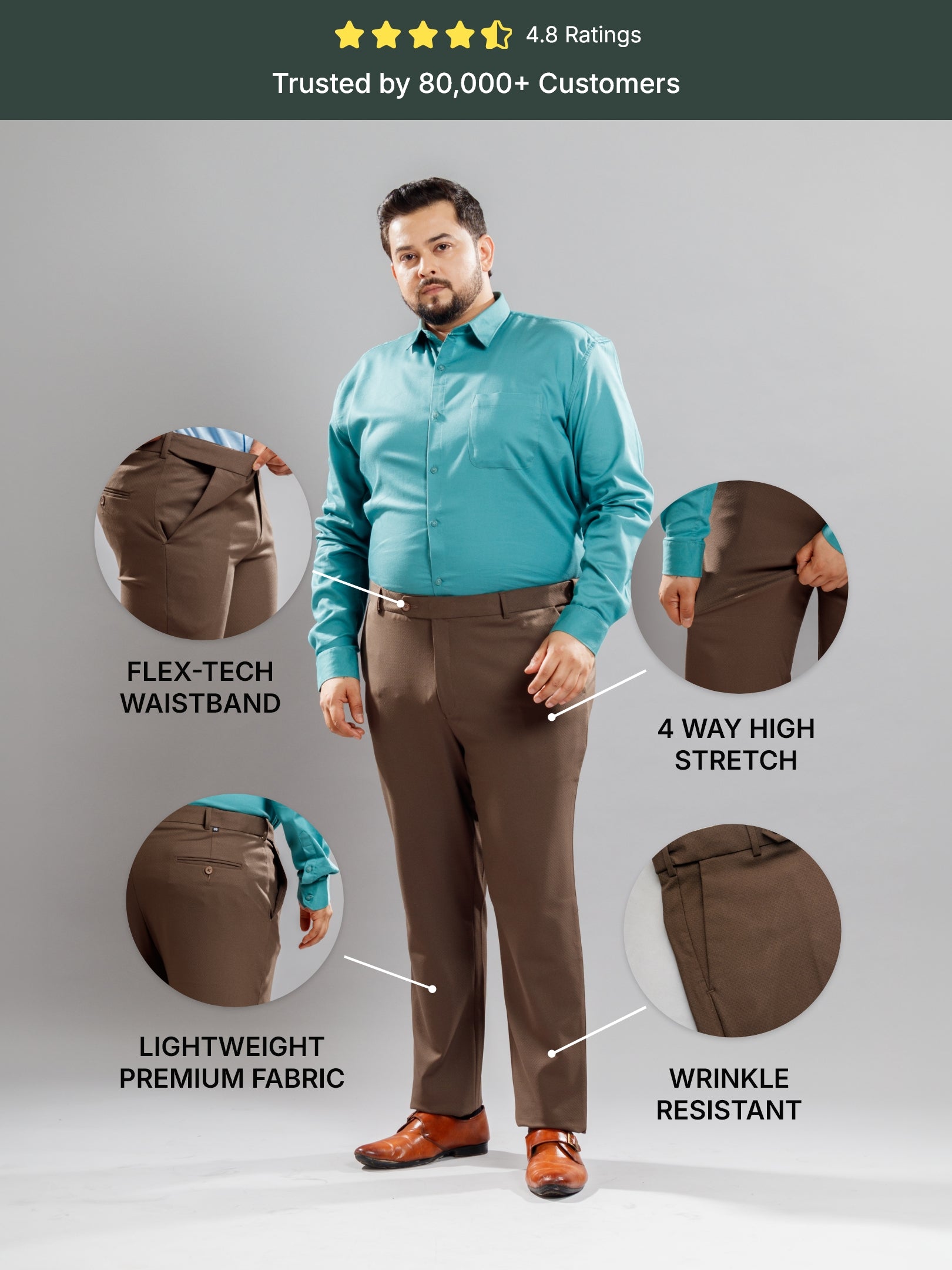 Ash Brown Flexiwaist Diamond Checks Straight Fit Plus Size Pants