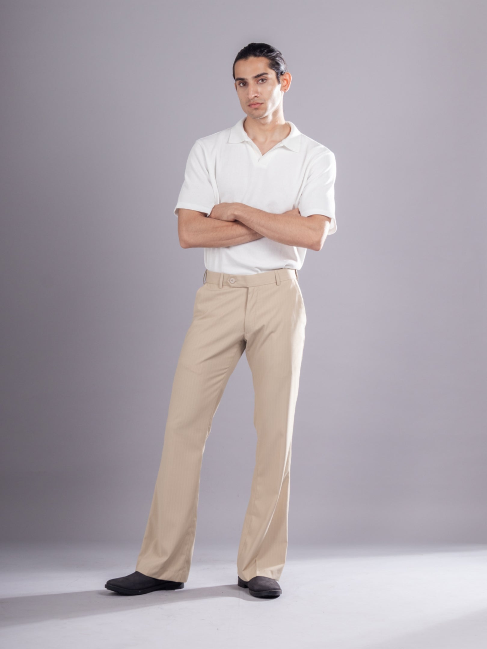 Men’s premium Sand Beige Urban Stripe Bootcut Flexiwaist Pant  - Front gview