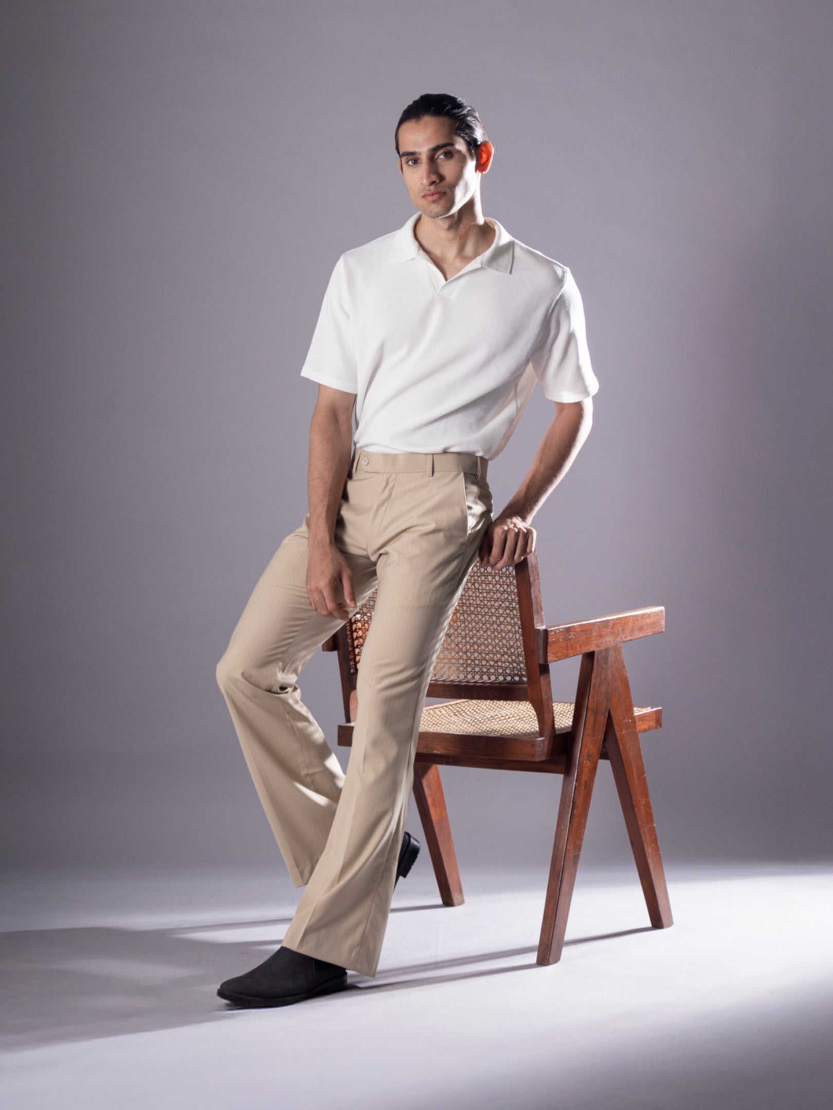 Men’s premium Sand Beige Urban Stripe Bootcut Flexiwaist Pant  - Lifestyle view