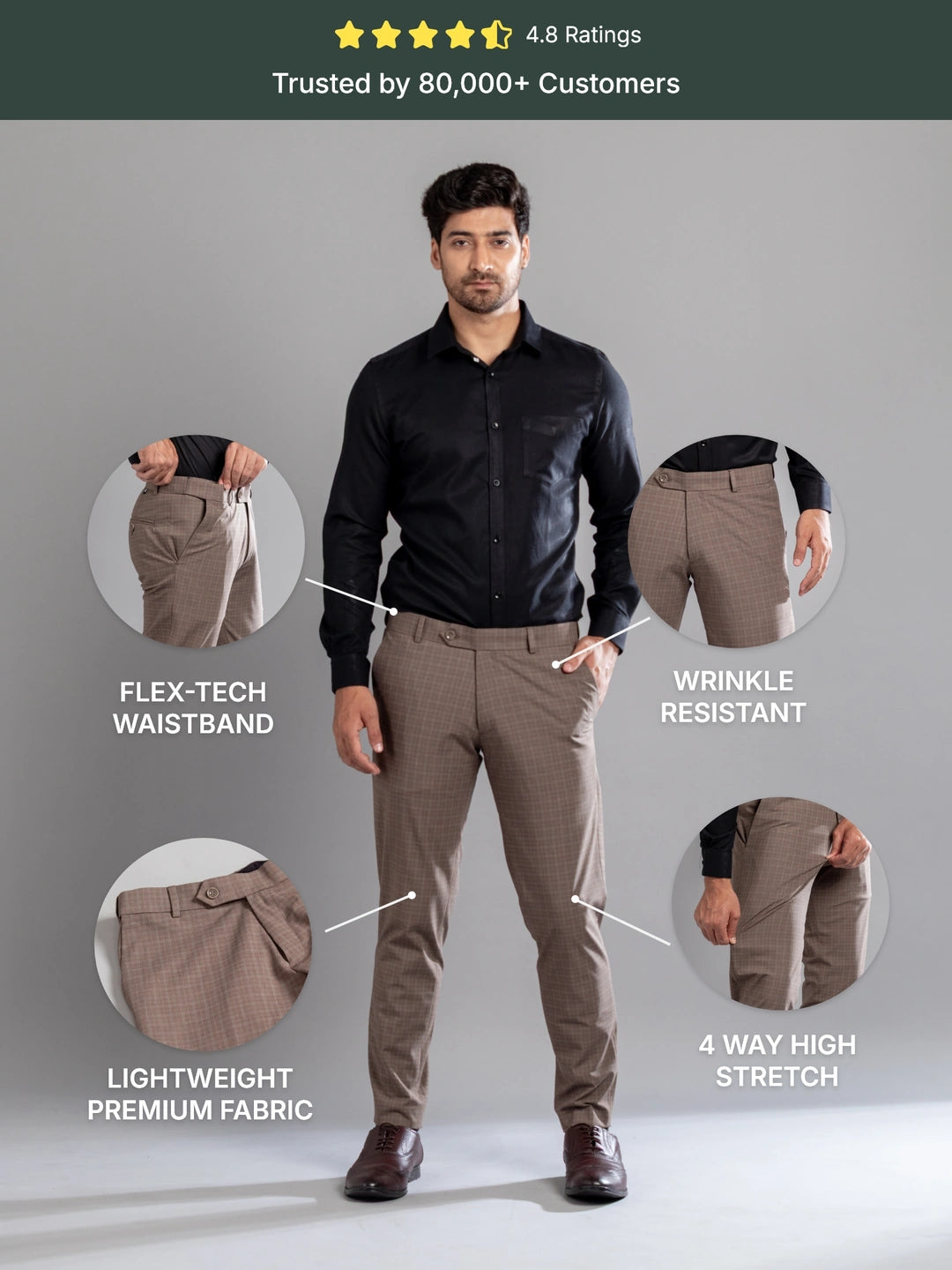 Brown Stone Box-in Checks Flexiwaist Pants - Ankle Fit