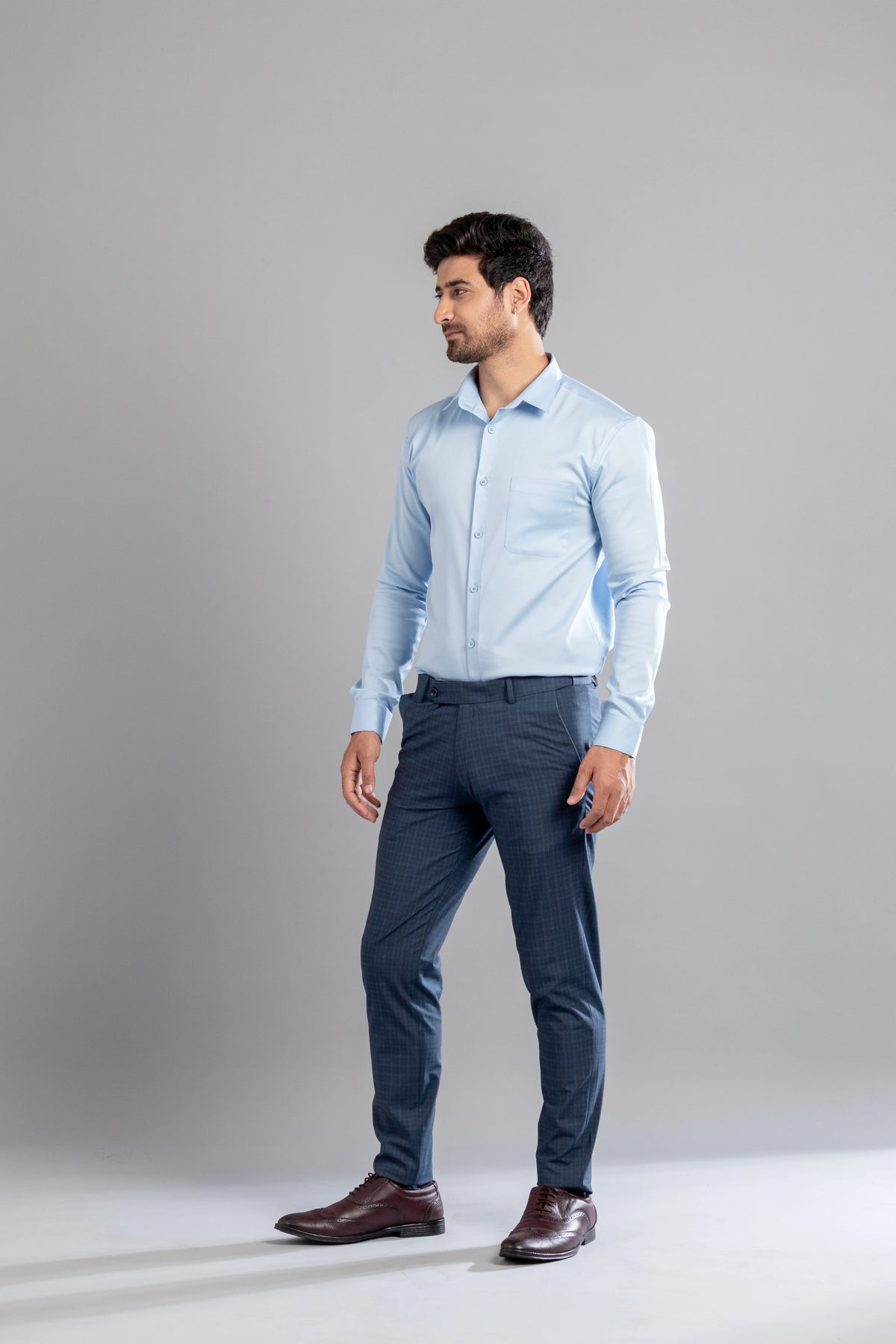 Steel Blue Box-in Checks Flexiwaist Pants - Ankle Fit