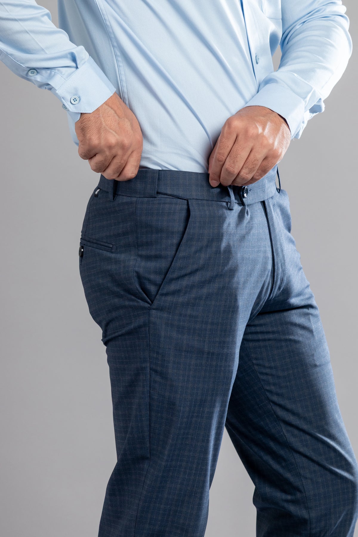 Steel Blue Box-in Checks Flexiwaist Pants - Ankle Fit