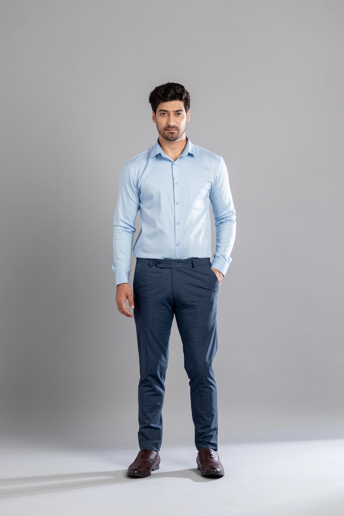 Steel Blue Box-in Checks Flexiwaist Pants - Ankle Fit