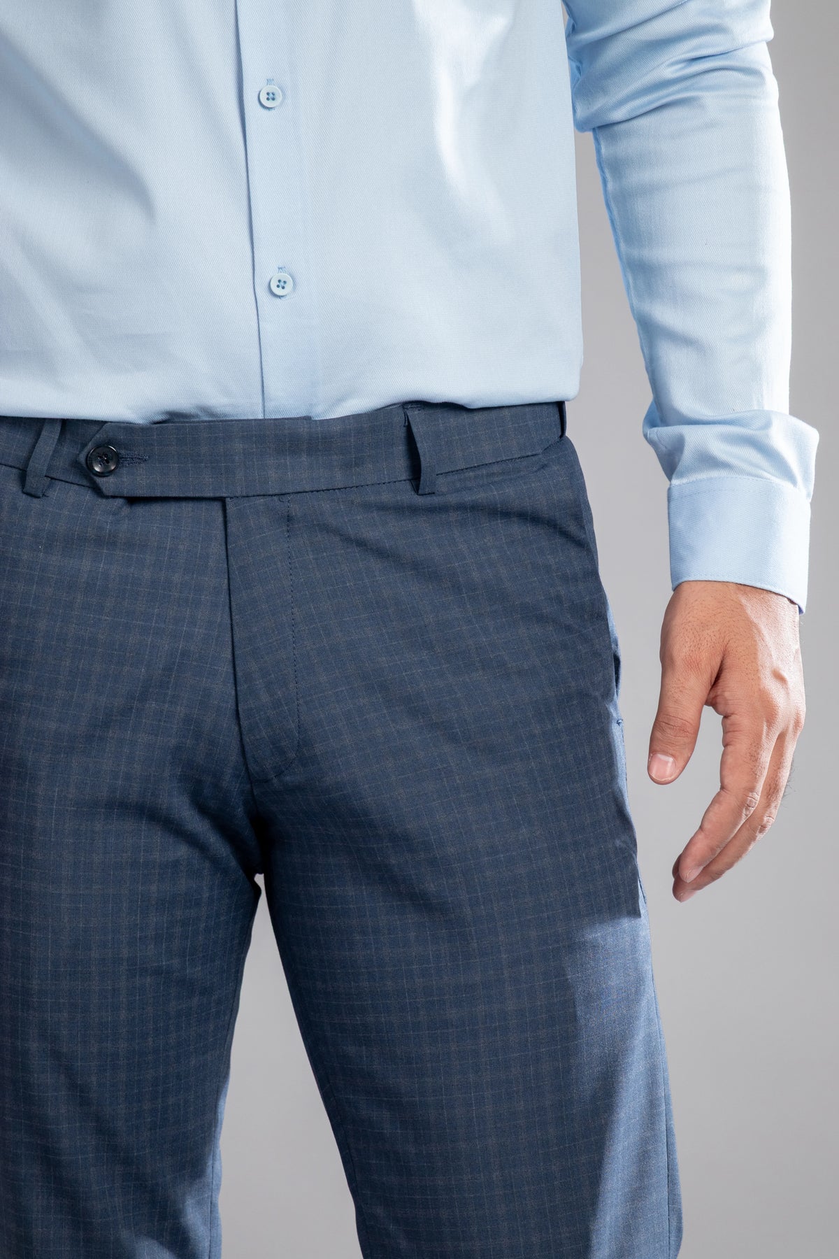Steel Blue Box-in Checks Flexiwaist Pants - Ankle Fit