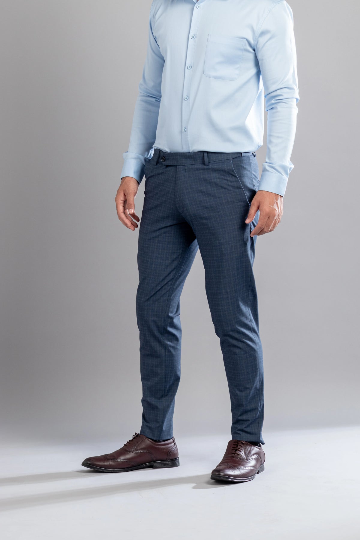 Steel Blue Box-in Checks Flexiwaist Pants - Ankle Fit