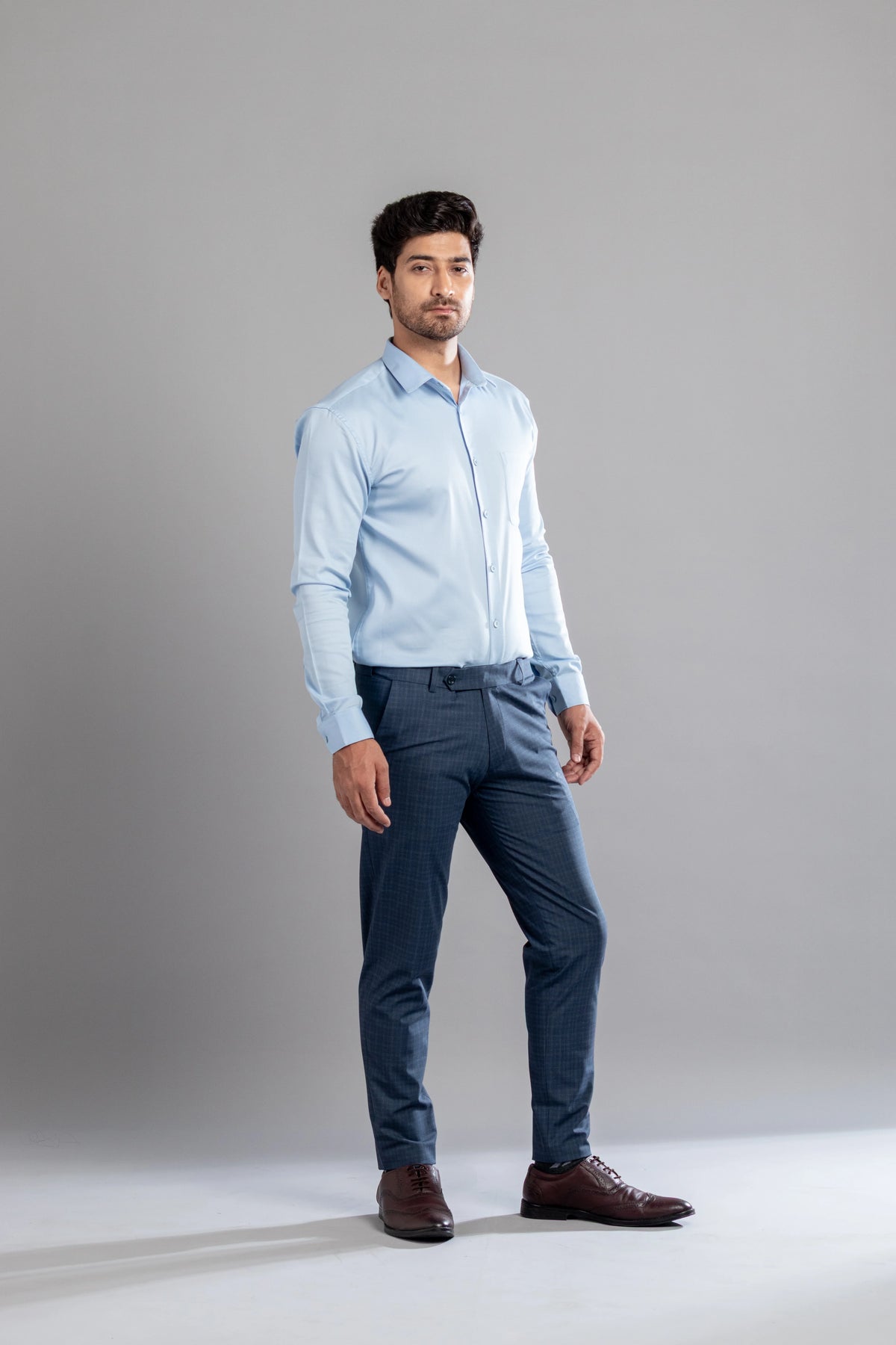 Steel Blue Box-in Checks Flexiwaist Pants - Ankle Fit