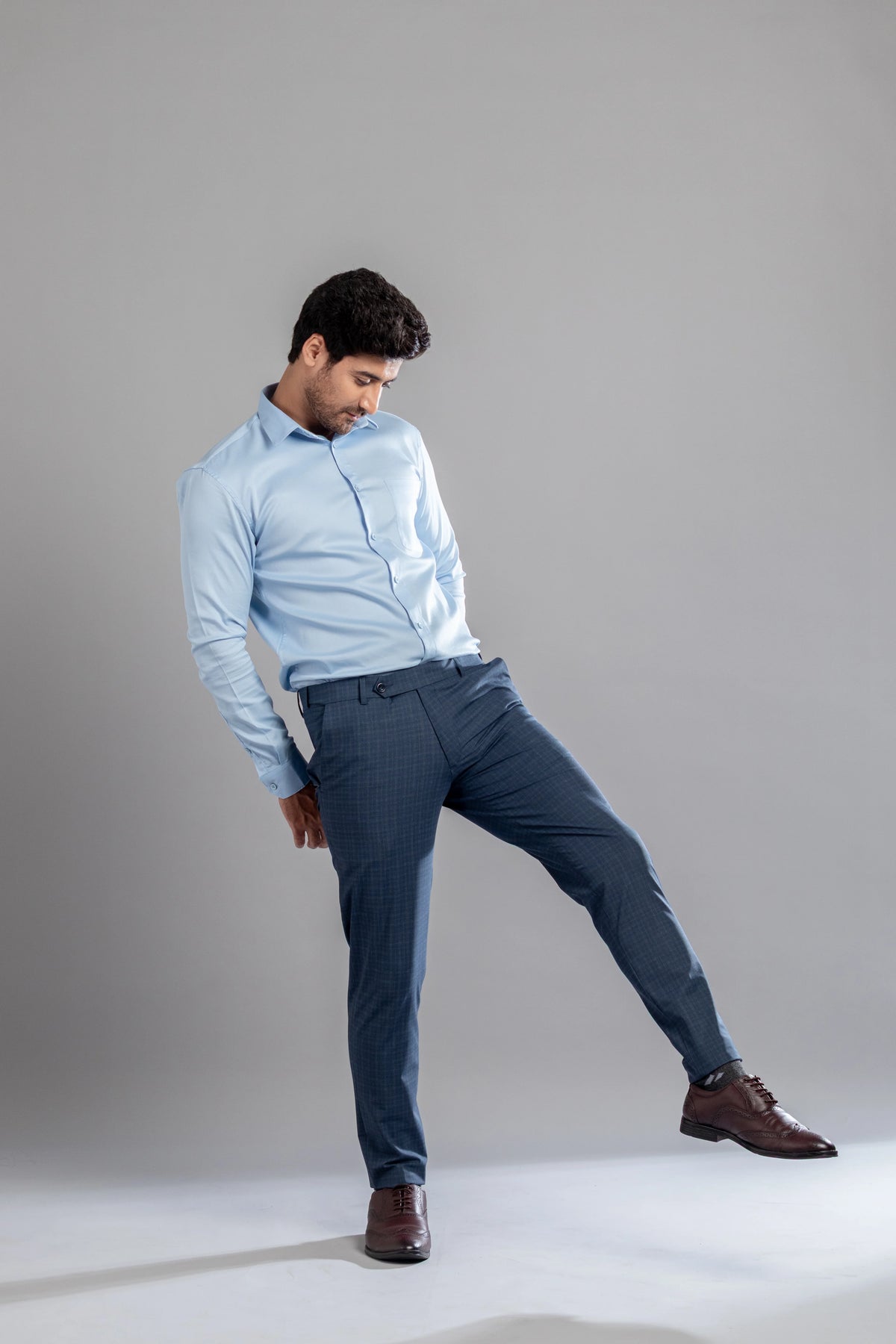 Steel Blue Box-in Checks Flexiwaist Pants - Ankle Fit