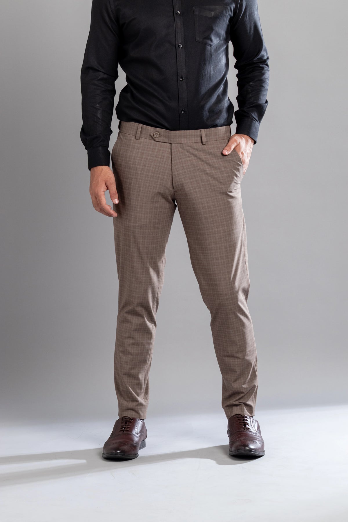 Brown Stone Box-in Checks Flexiwaist Pants - Ankle Fit