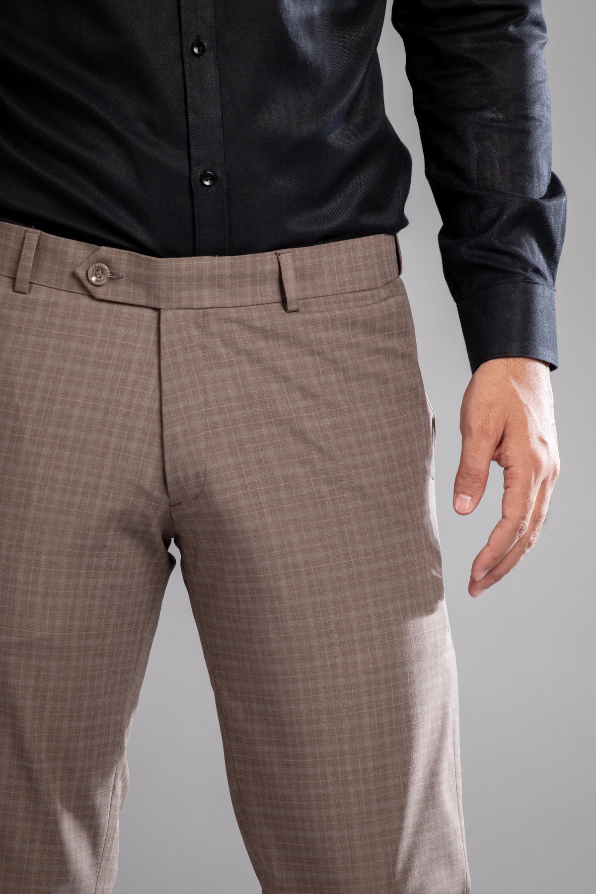Brown Stone Box-in Checks Flexiwaist Pants - Ankle Fit
