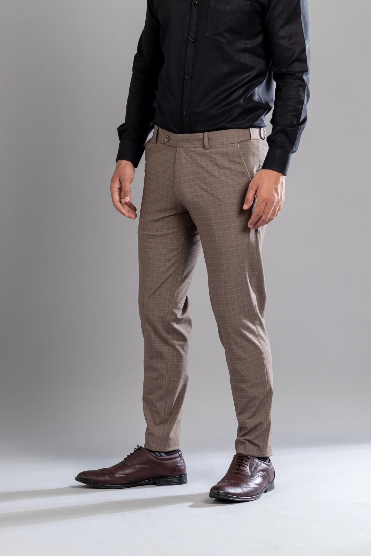Brown Stone Box-in Checks Flexiwaist Pants - Ankle Fit