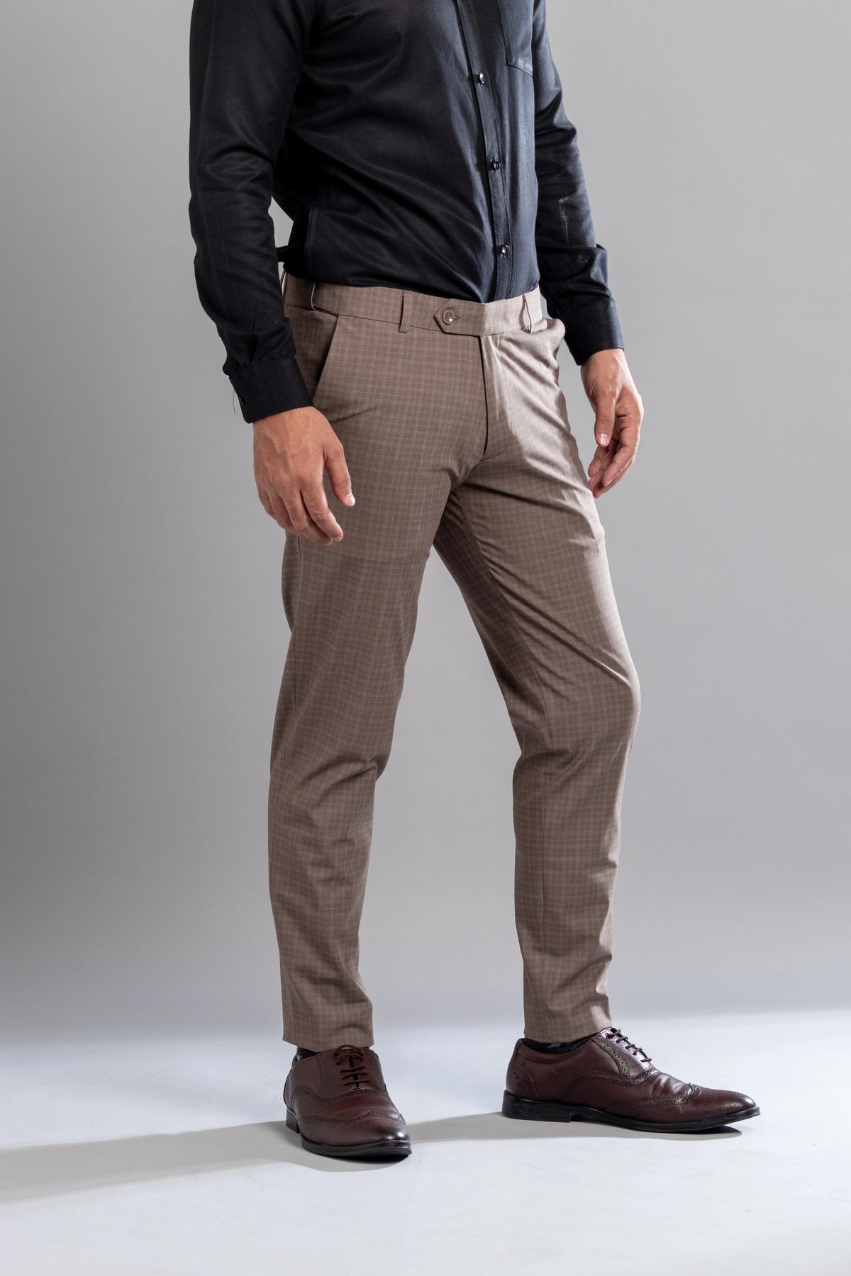 Brown Stone Box-in Checks Flexiwaist Pants - Ankle Fit