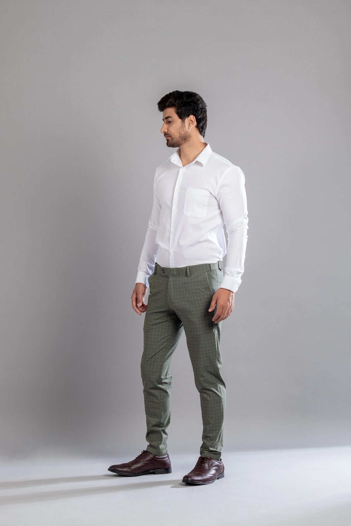 Vintage Green Box-in Checks Flexiwaist Pants - Ankle Fit