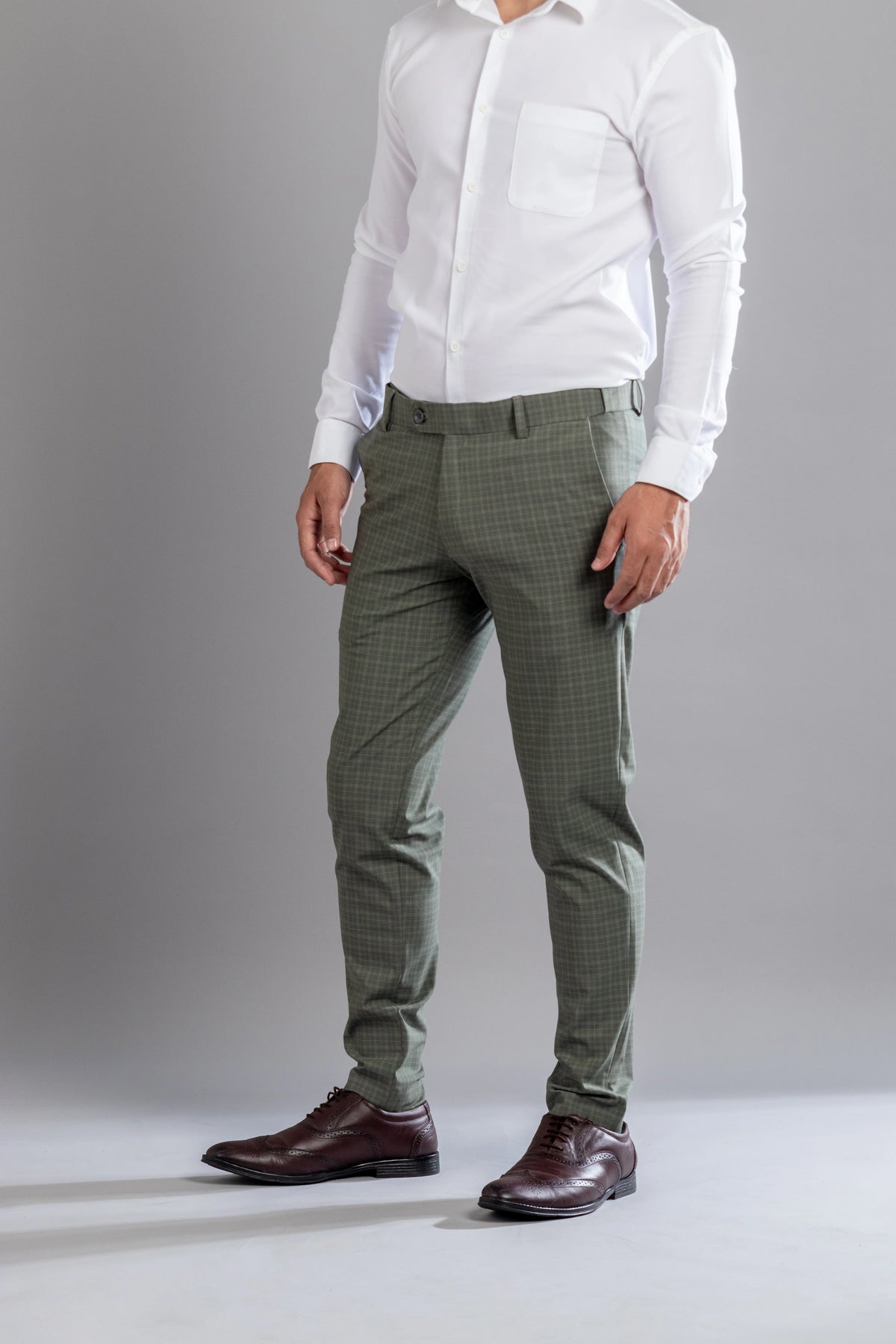 Vintage Green Box-in Checks Flexiwaist Pants - Ankle Fit