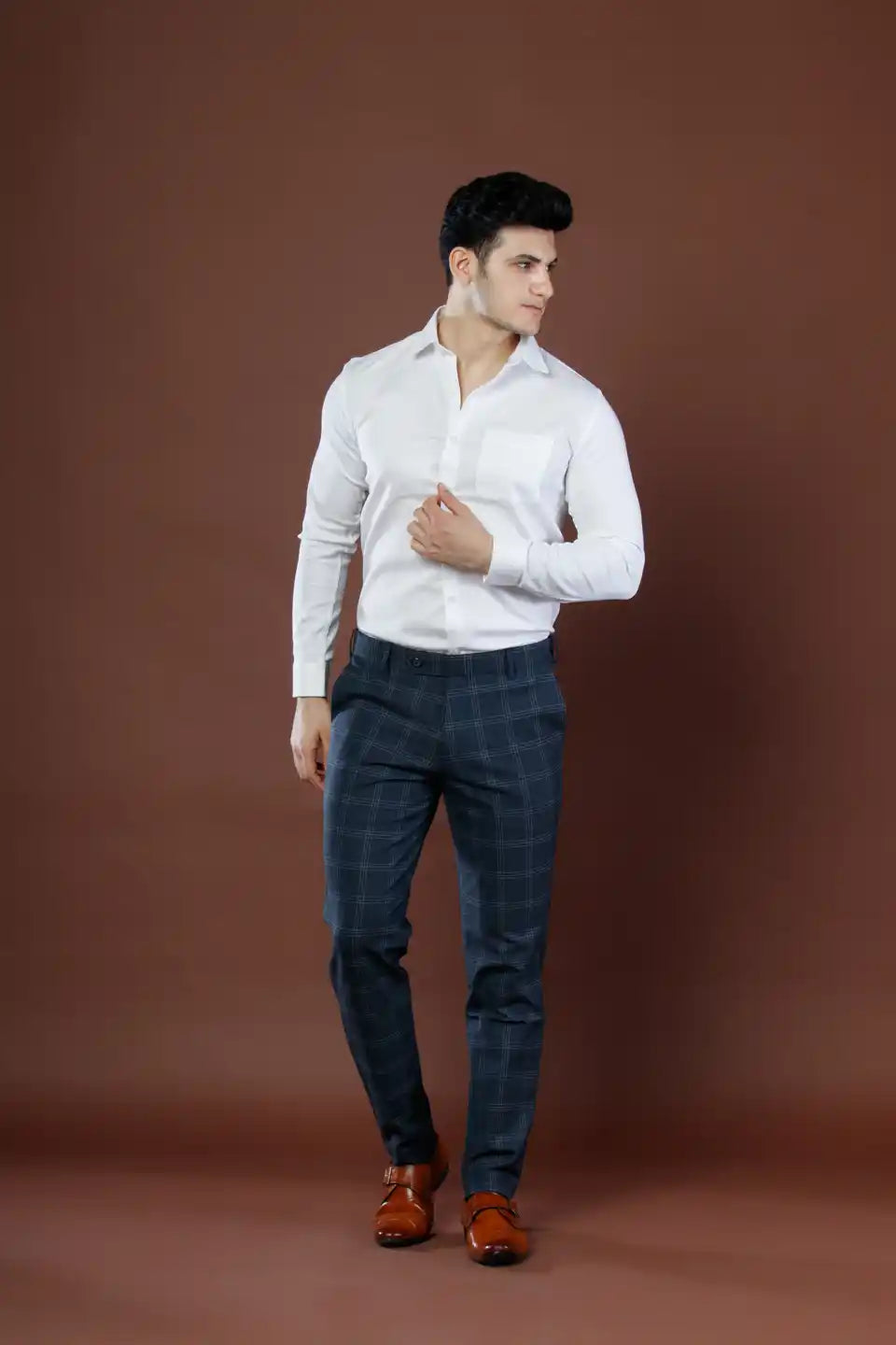 Men’s premium Steel Navy Urban Checks Flexiwaist Pants – Front view