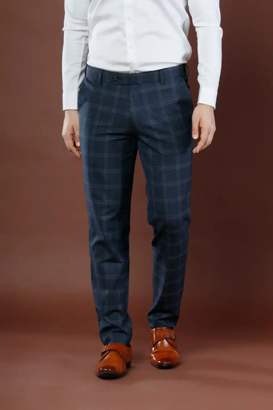 Men’s premium Steel Navy Urban Checks Flexiwaist Pants – Front view