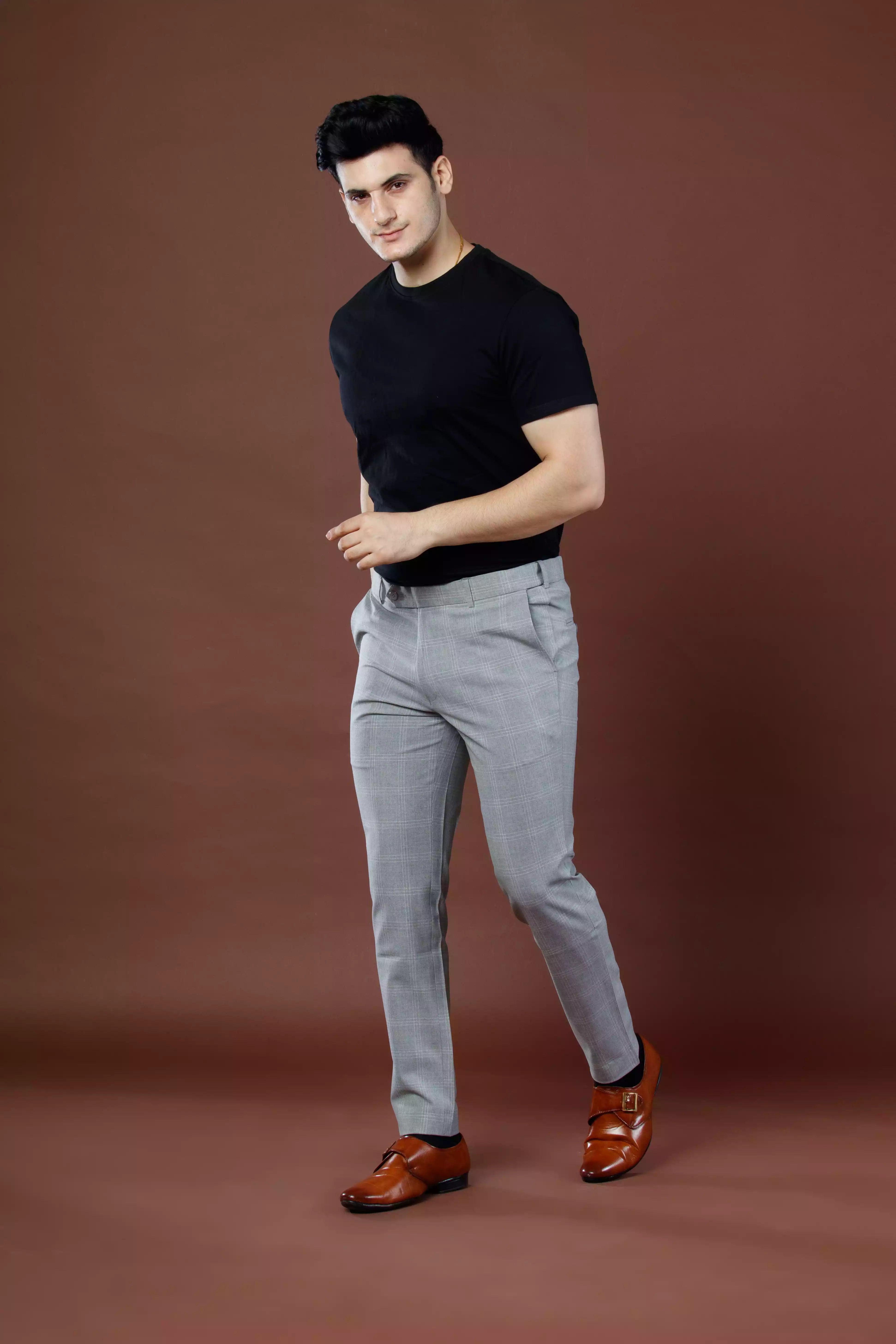 Urban Checks Flexiwaist Pants In Ice Grey Color