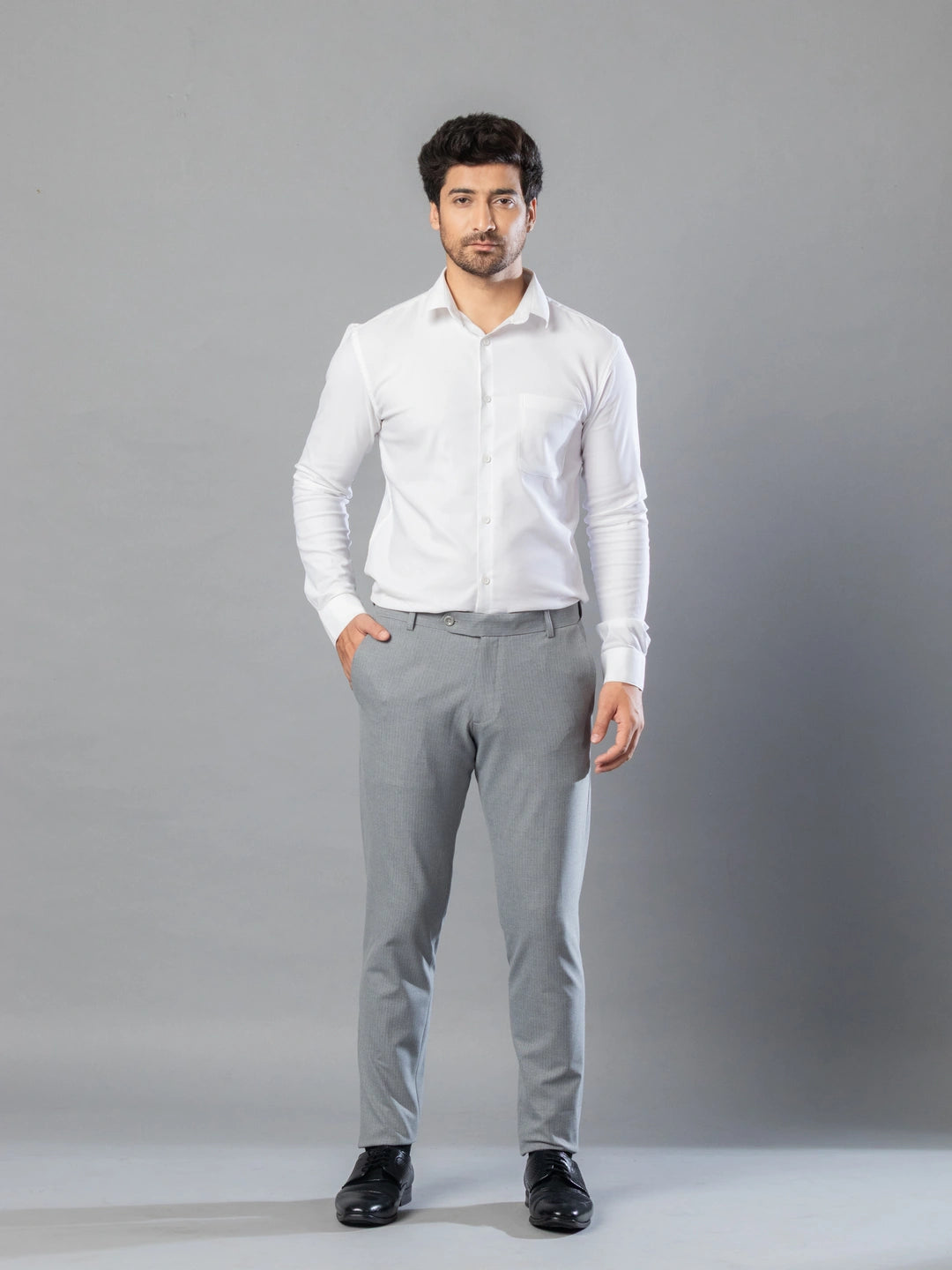 Mid Grey Linear Stripe Flexiwaist Pants - Ankle Fit