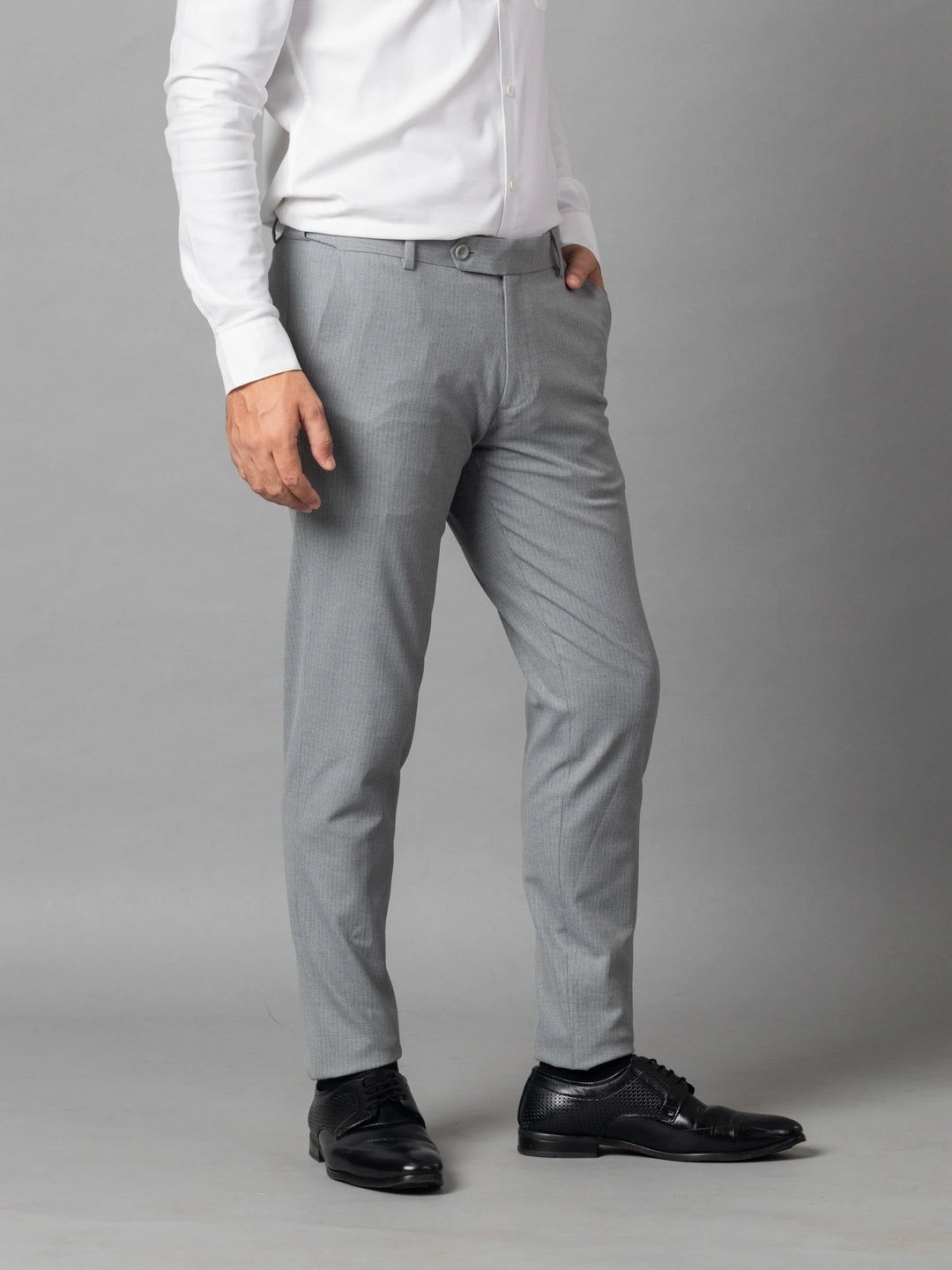 Mid Grey Linear Stripe Flexiwaist Pants - Ankle Fit