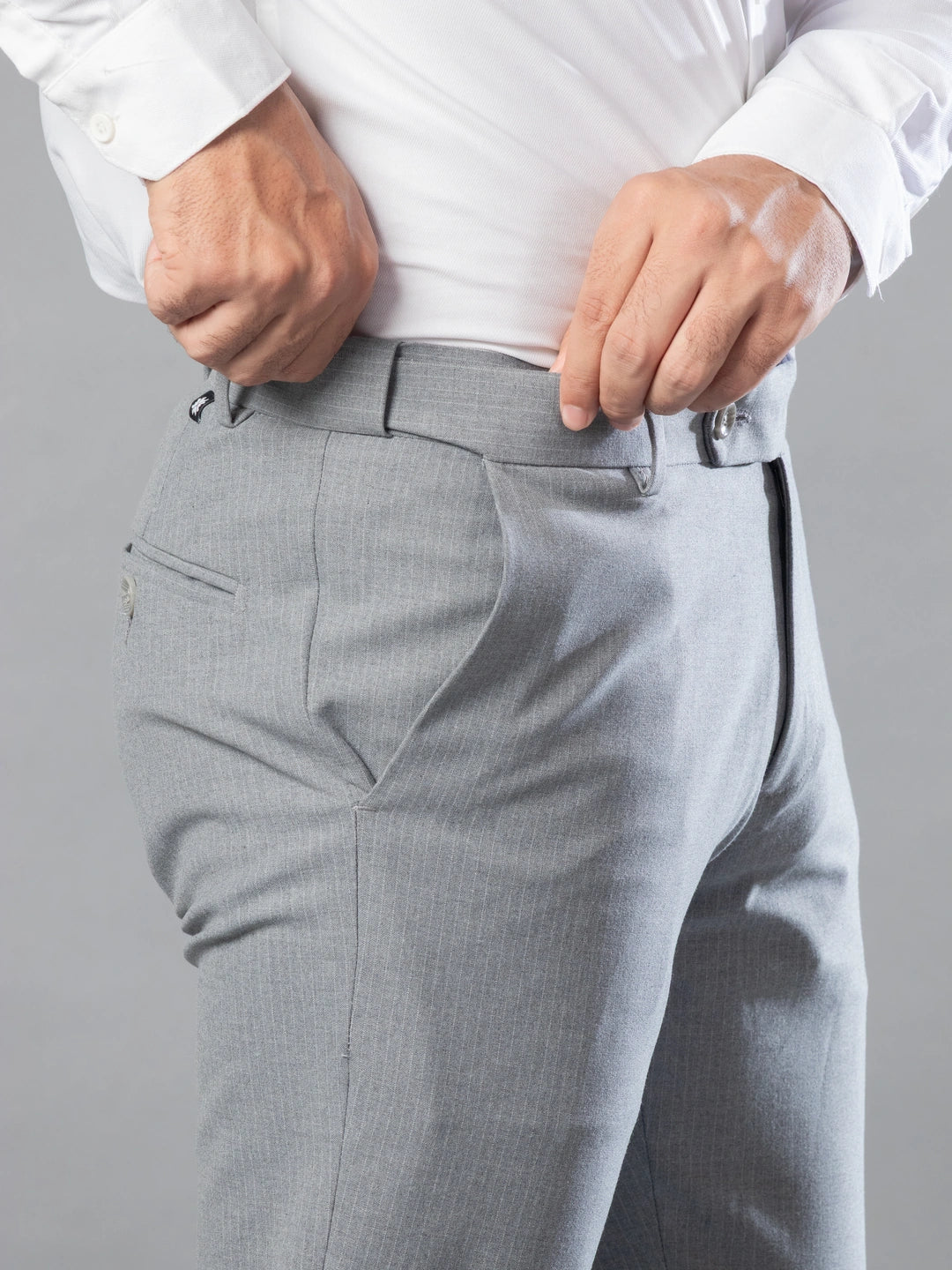 Mid Grey Linear Stripe Flexiwaist Pants - Ankle Fit