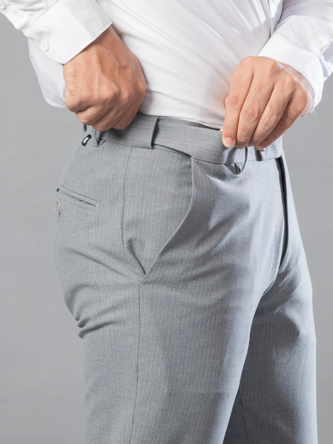 Mid Grey Linear Stripe Flexiwaist Pants - Ankle Fit