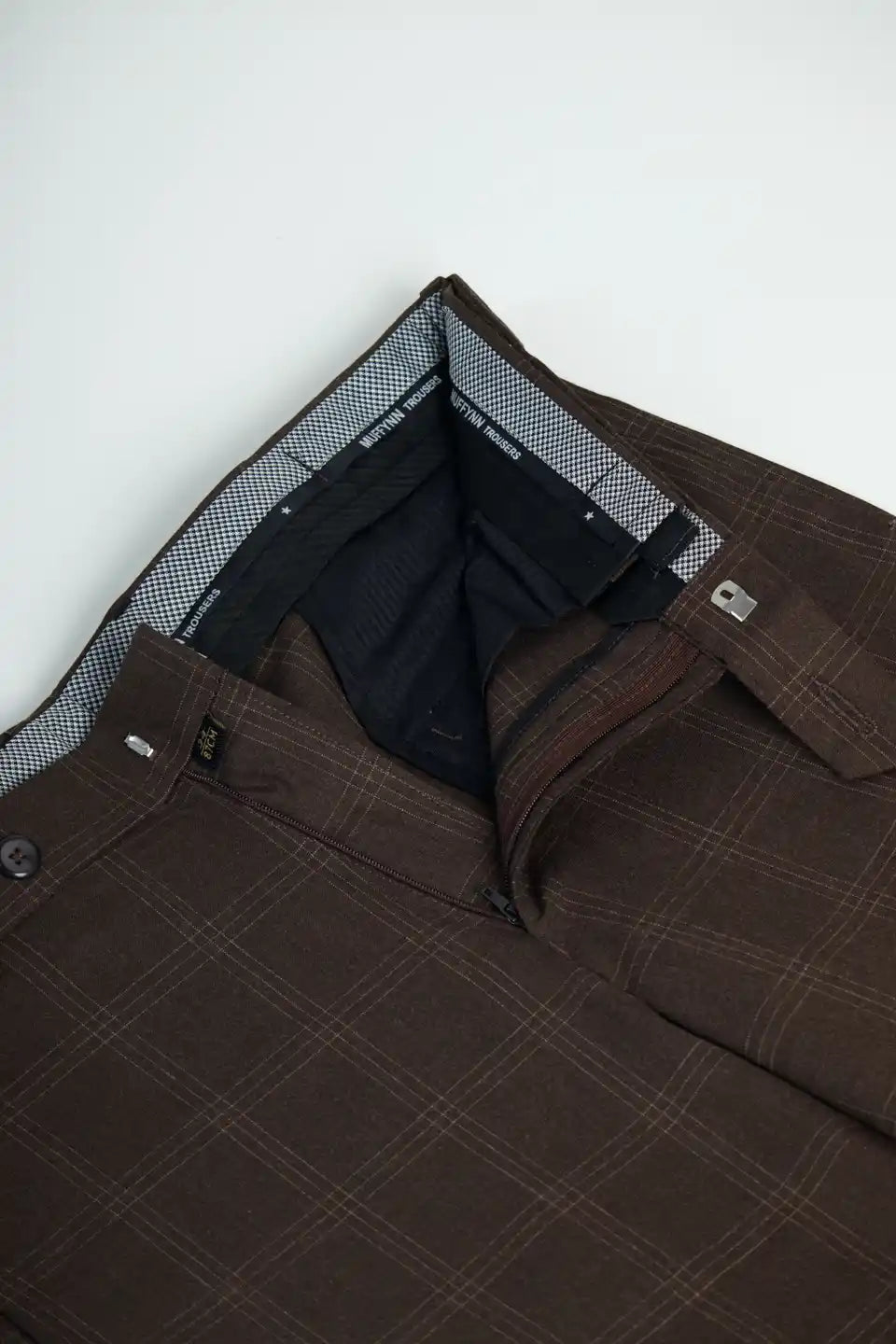 Men’s premium Mud Brown Urban Checks Flexiwaist Pants – Fabric view