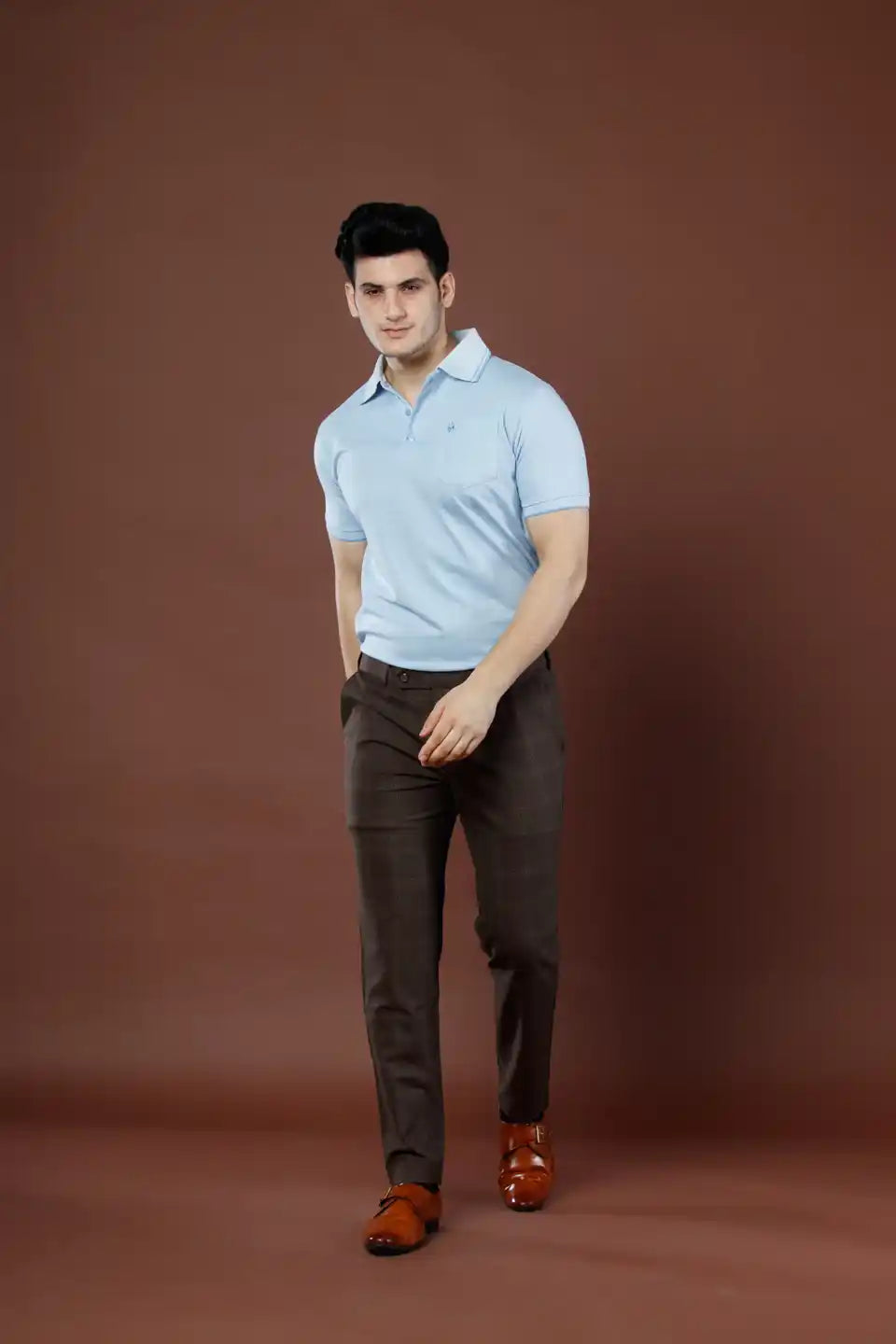 Men’s premium Mud Brown Urban Checks Flexiwaist Pants – Lifestyle view