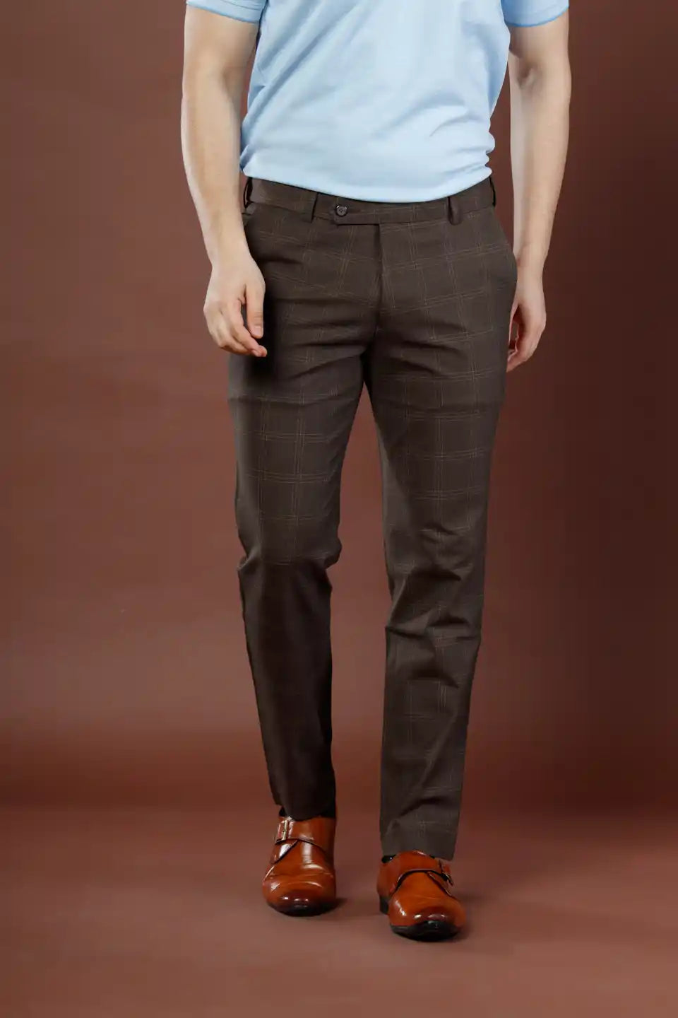 Men’s premium Mud Brown Urban Checks Flexiwaist Pants – Front view